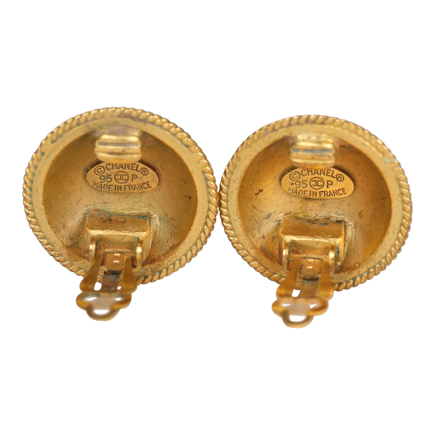 Vintage Chanel 24K Gold Plated CC Round Button Clip On Earrings