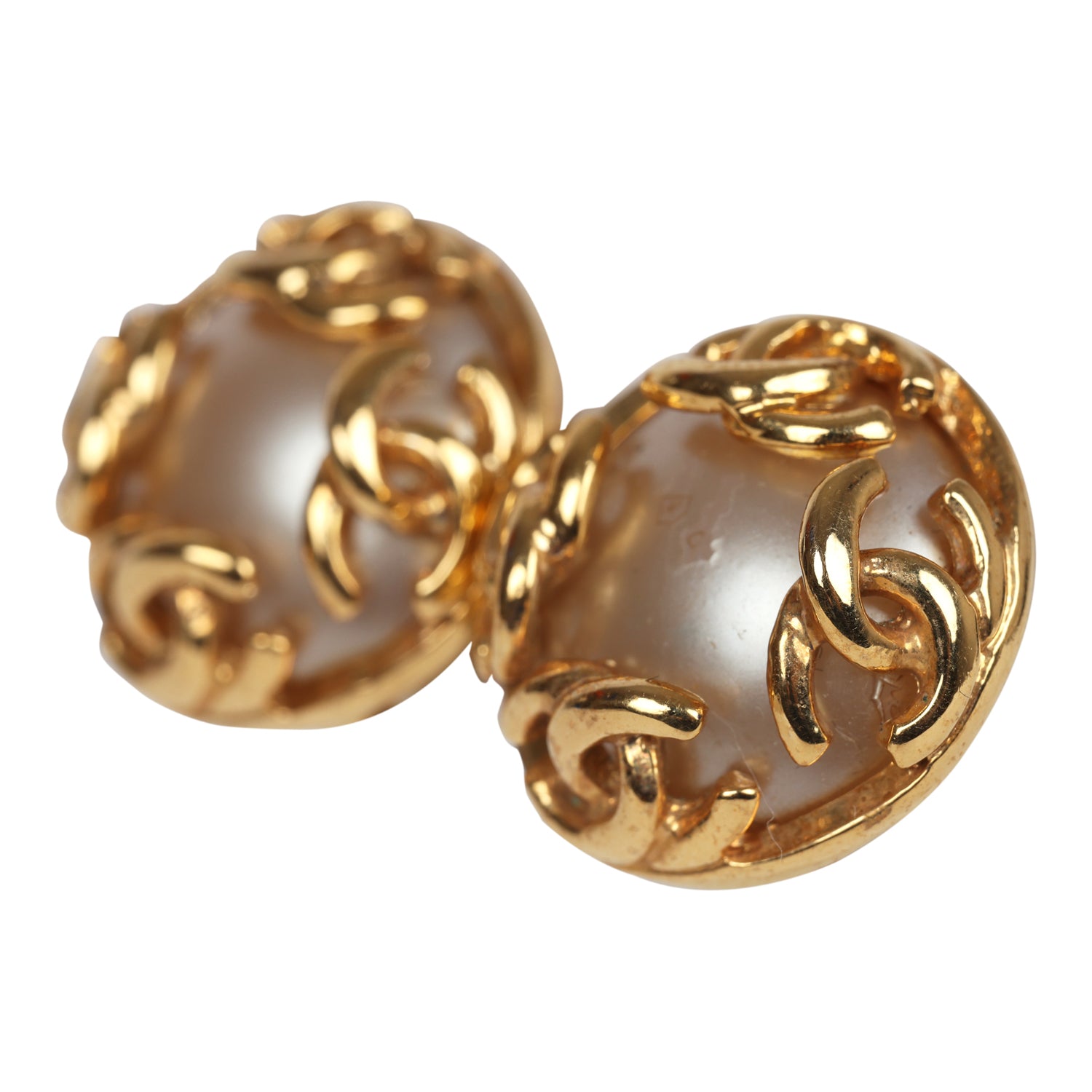 Vintage Chanel 24K Gold Plated CC Round Pearl Earrings Gold Hardware