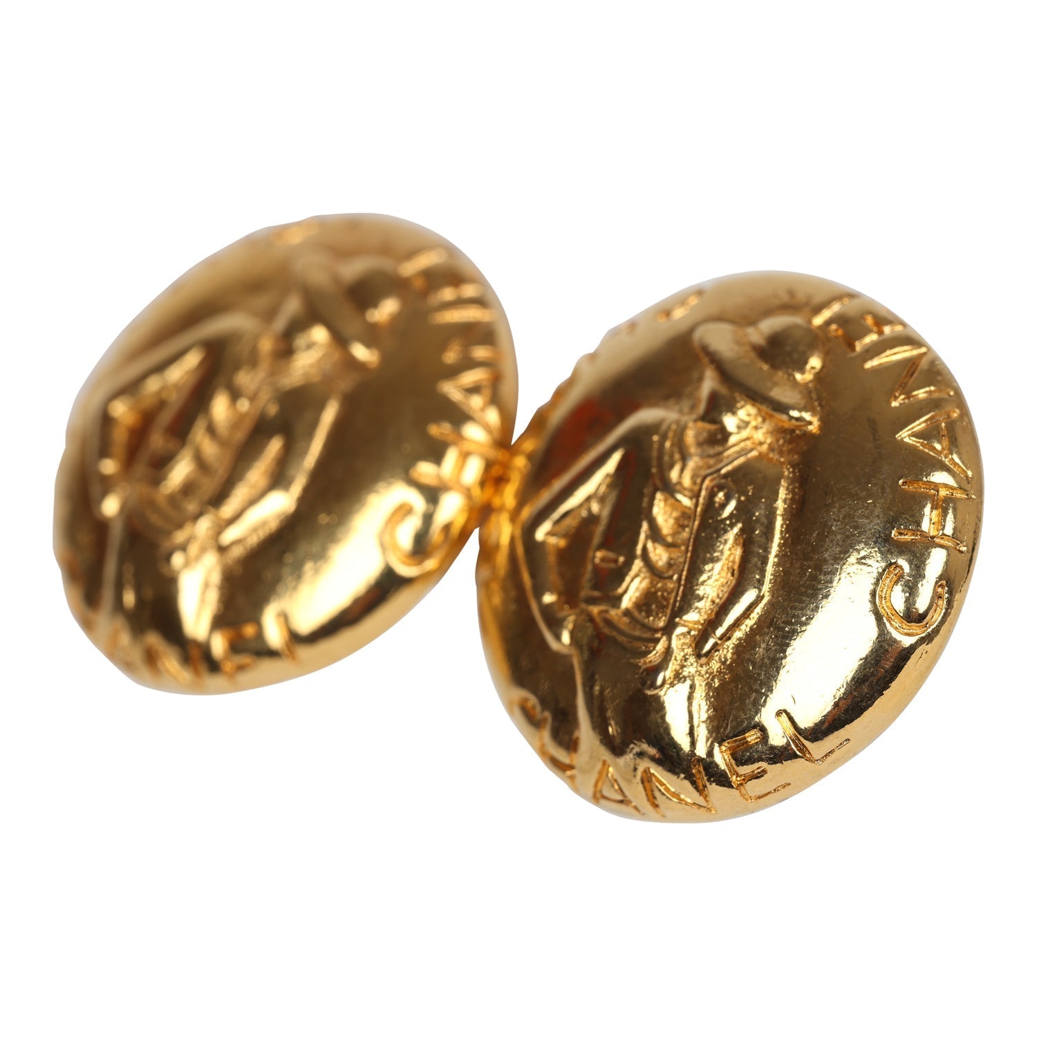 Vintage Chanel 24K Gold Plated Round Coco Mademoiselle Earrings