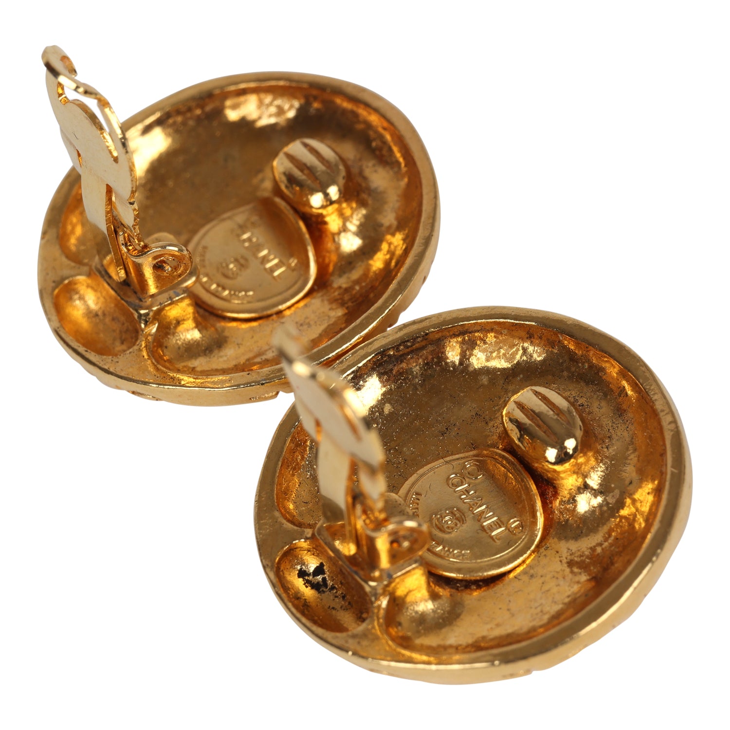 Vintage Chanel 24K Gold Plated Round Coco Mademoiselle Earrings