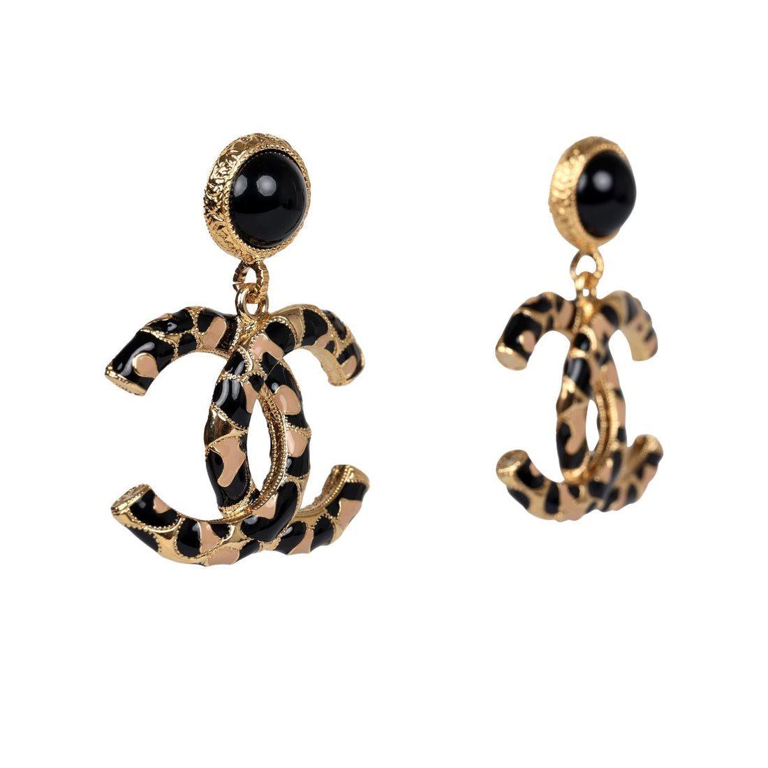 Chanel Large Leopard Print CC Dangle Earrings Black/Brown Enamel Gold Hardware