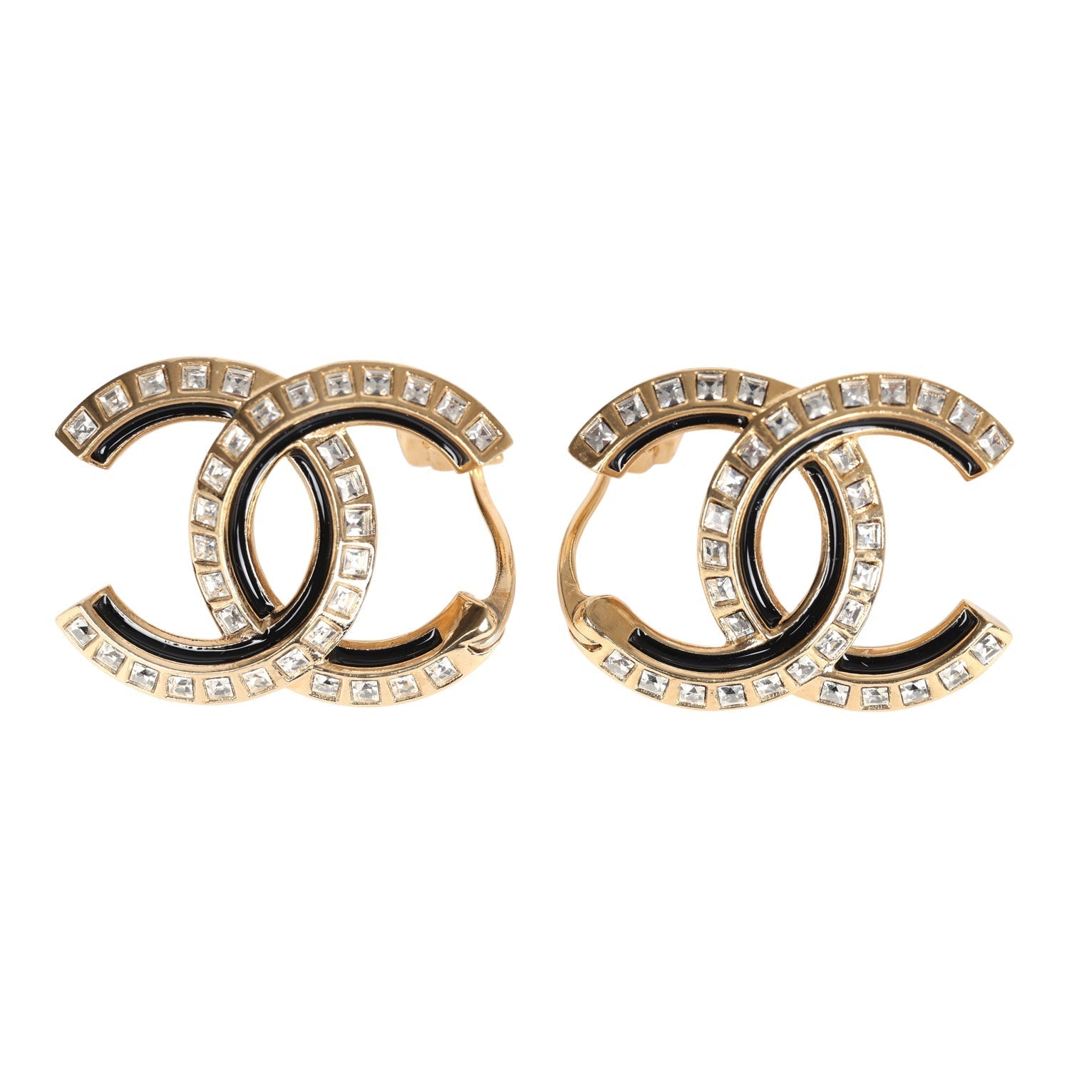 Chanel Crystal CC Earrings Black Enamel & Gold Hardware