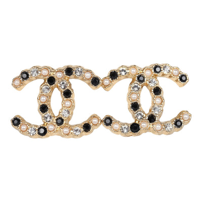 Chanel CC Crystals & Resin Pearls Stud Earrings Black and White Gold Tone Metal