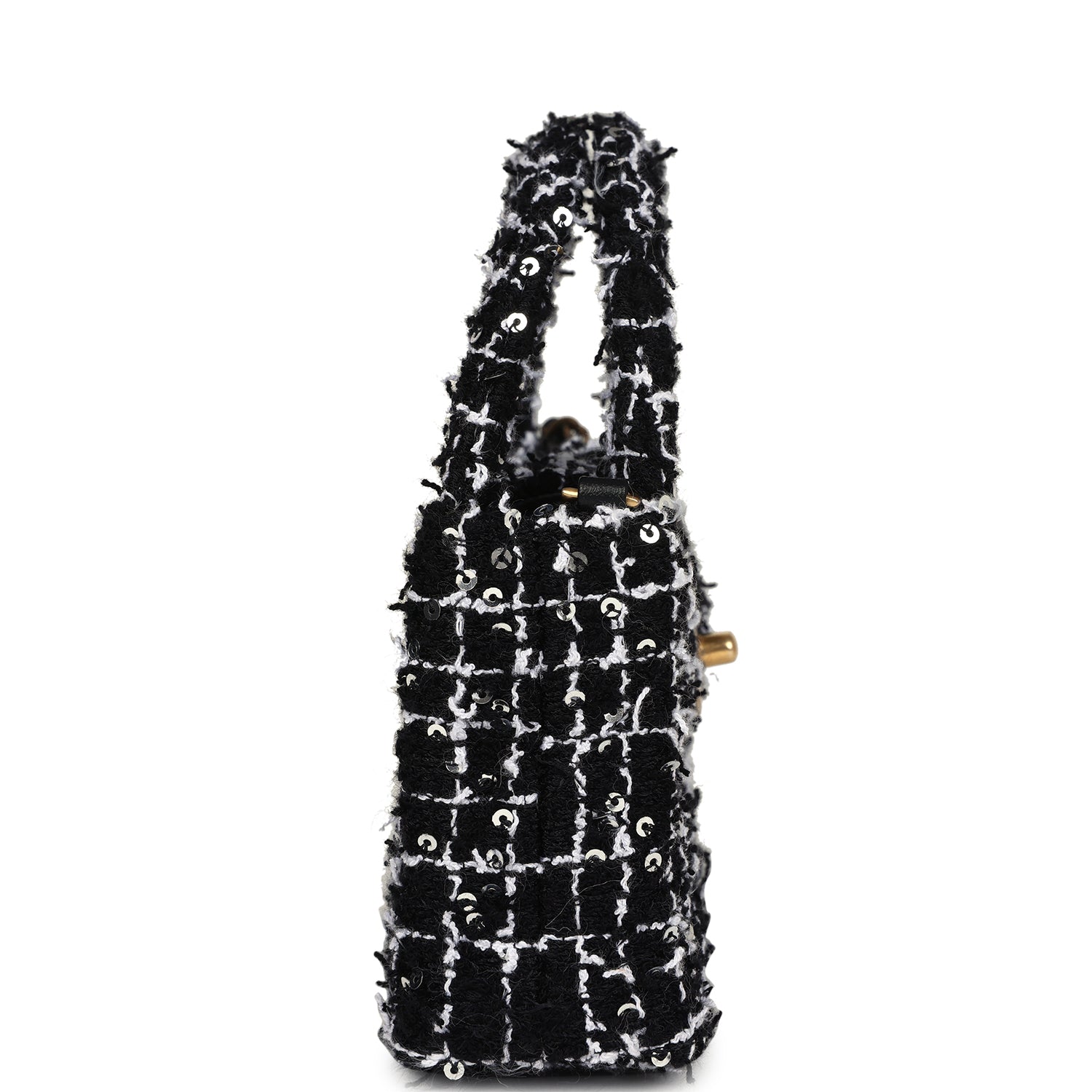 Chanel Nano Kelly Shopper Black, White & Silver Sequin Tweed Brushed Gold Hardware