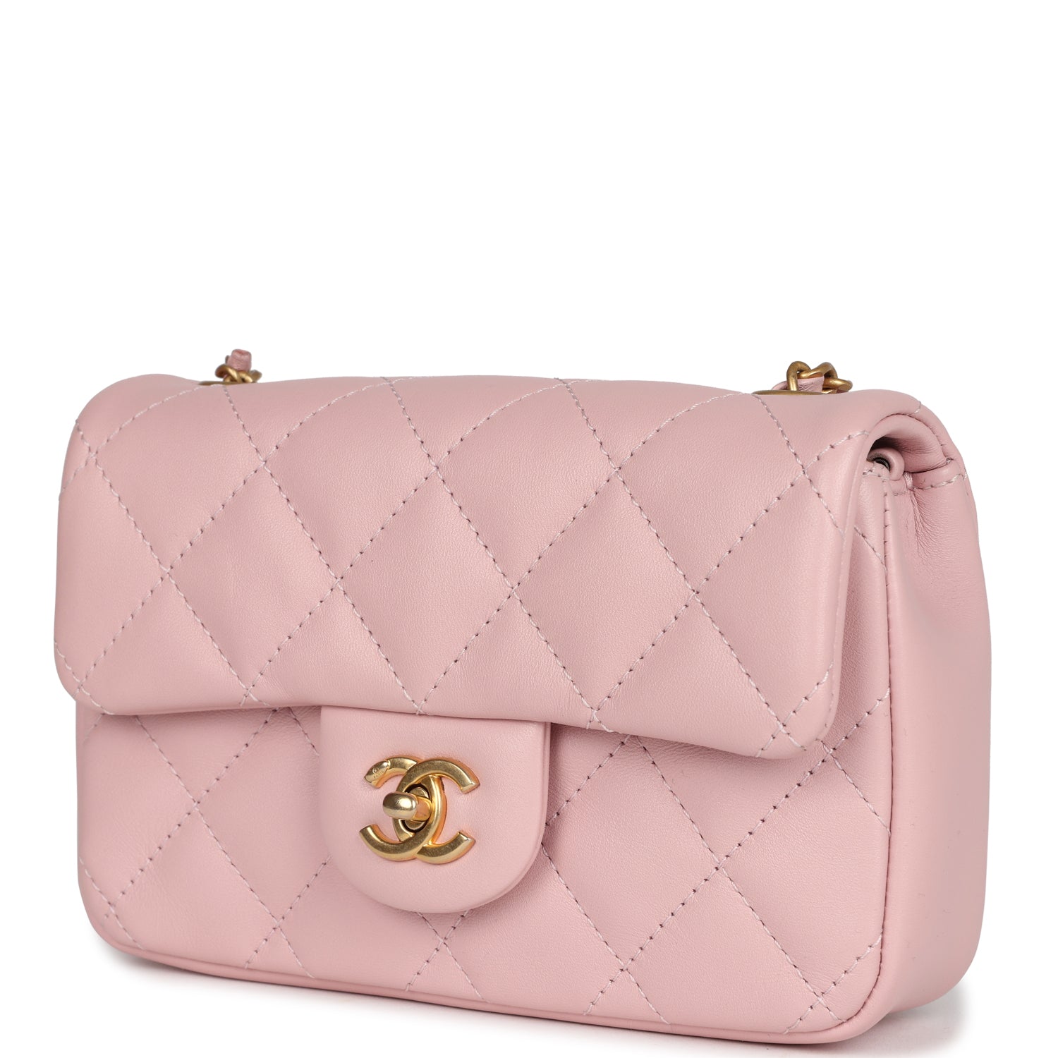 Pre-owned Chanel Mini Rectangular Flap Bag with Heart Chain Pink Lambskin Antique Gold Hardware