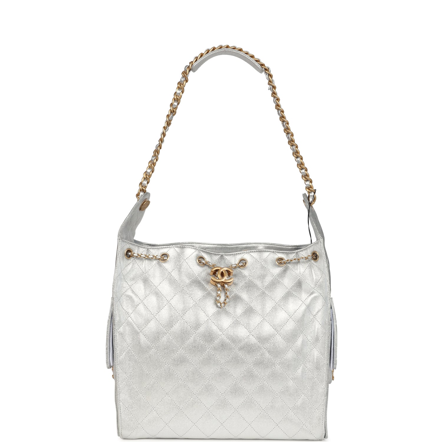 Chanel Medium 25 Hobo Bag Metallic Silver Caviar Antique Gold Hardware
