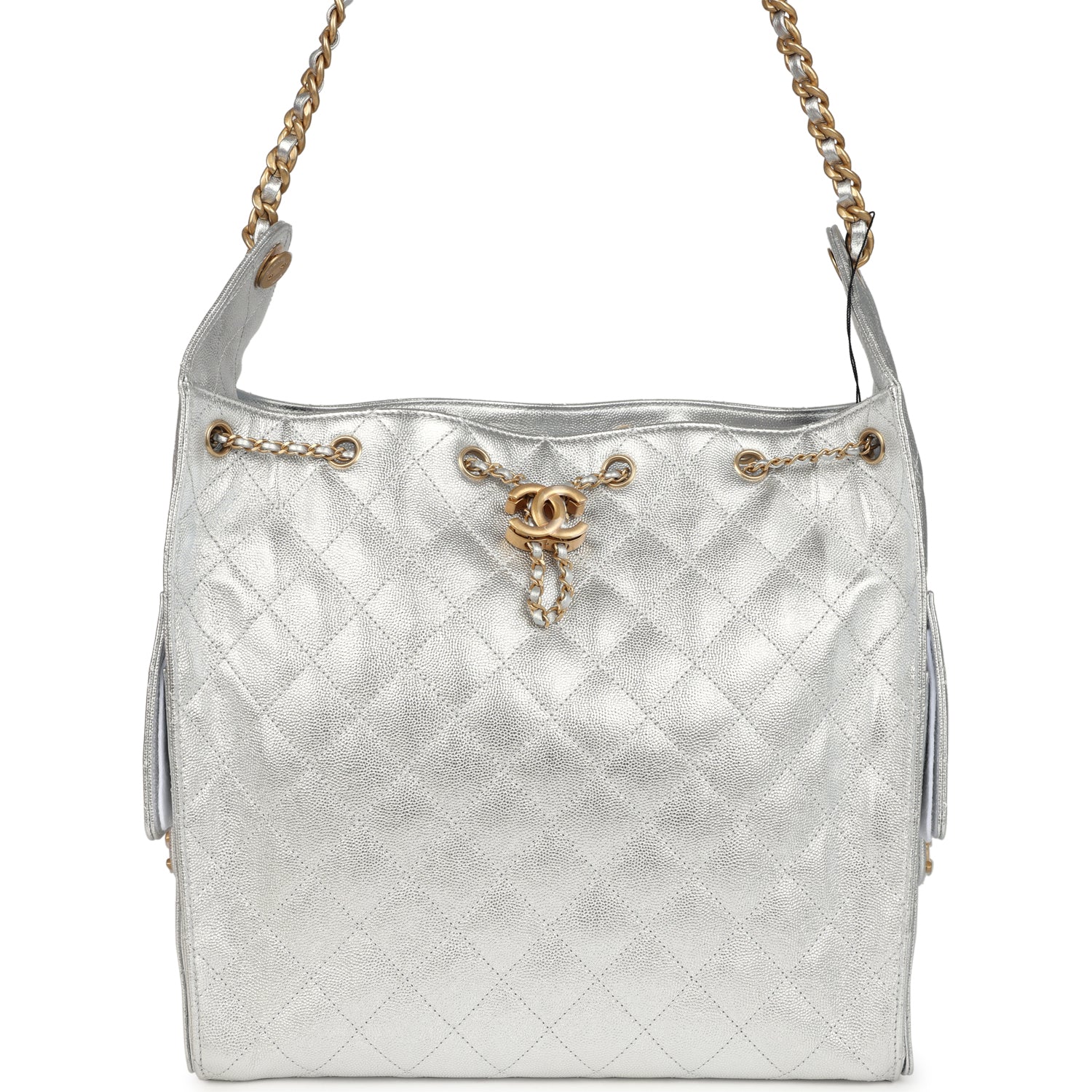 Chanel Medium 25 Hobo Bag Metallic Silver Caviar Antique Gold Hardware
