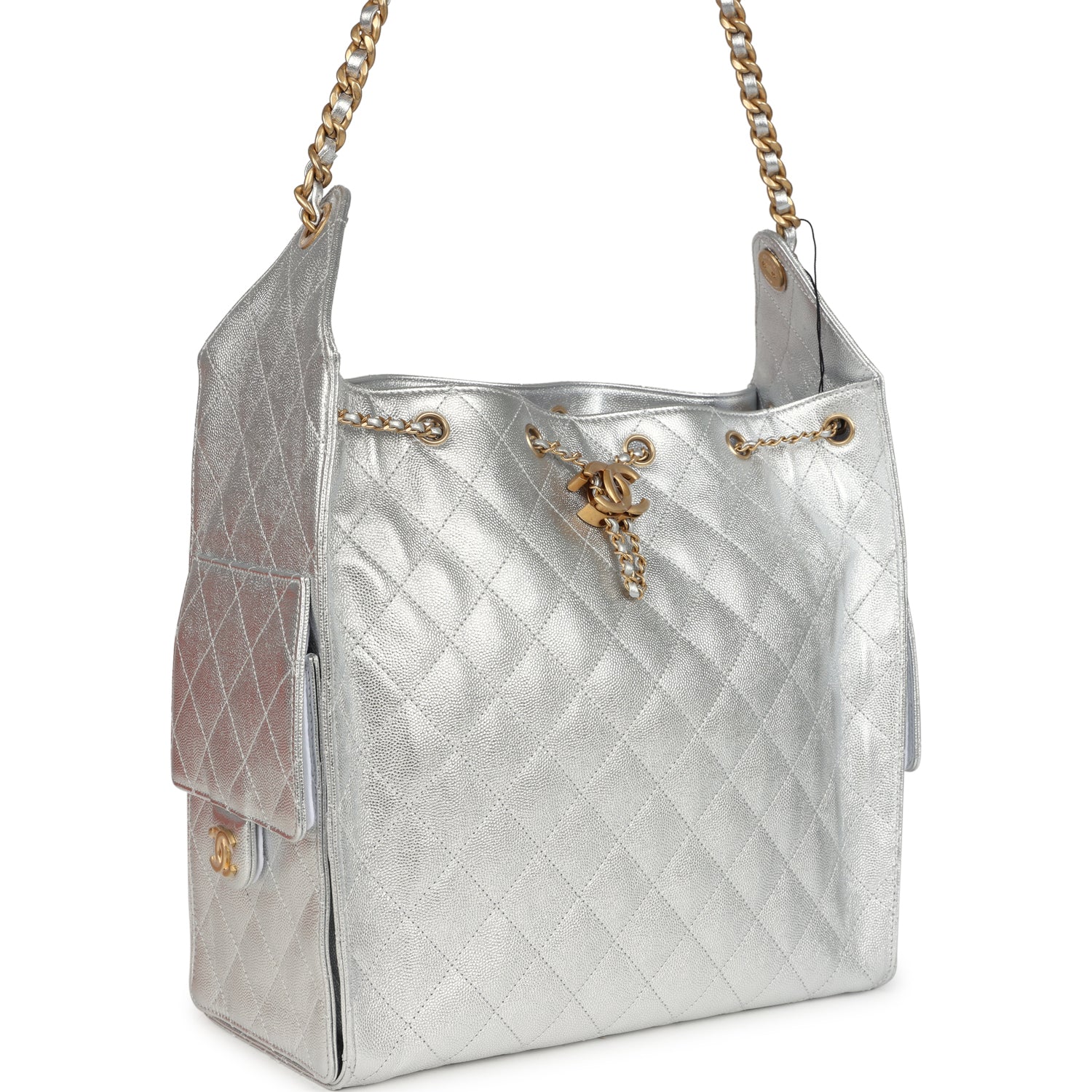 Chanel Medium 25 Hobo Bag Metallic Silver Caviar Antique Gold Hardware