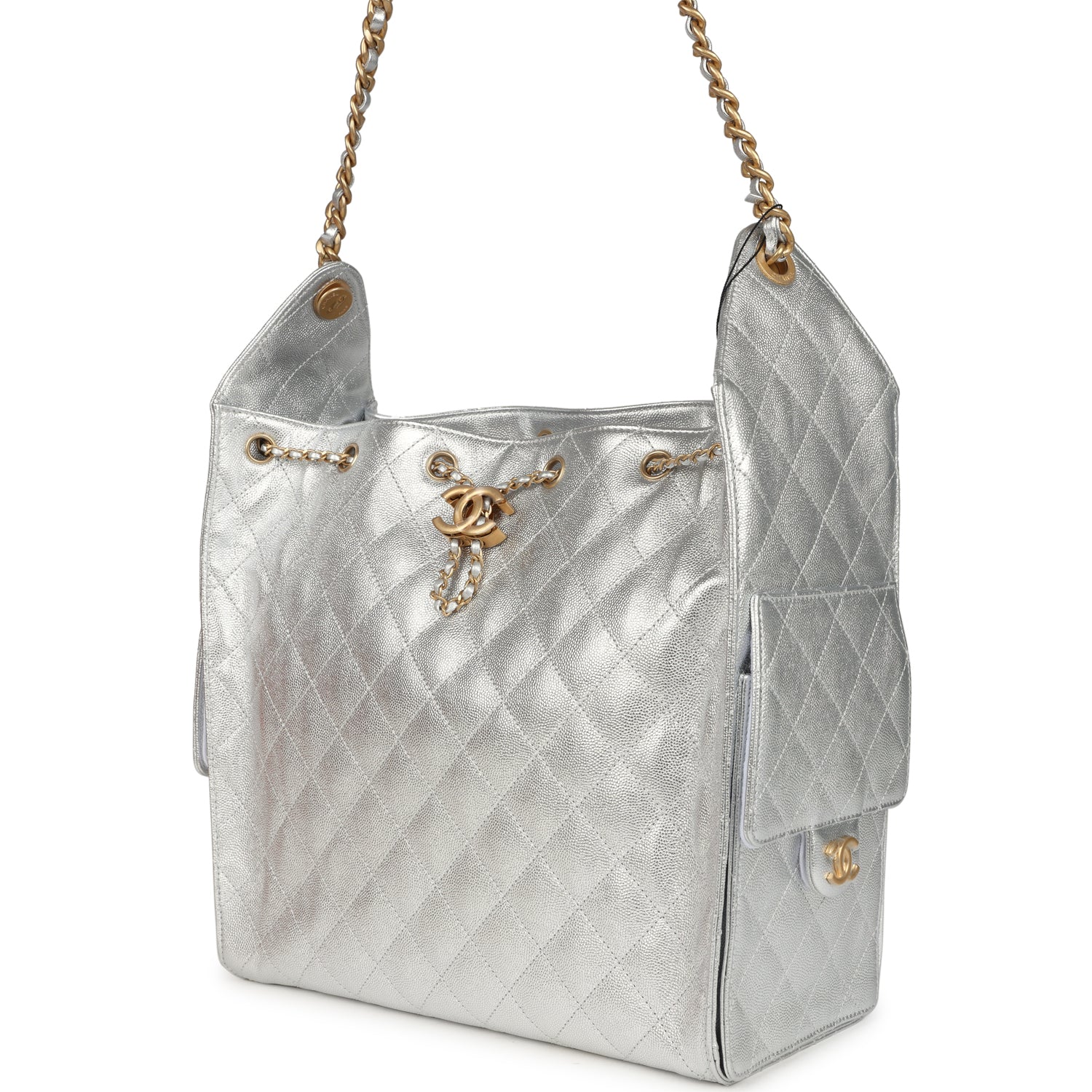 Chanel Medium 25 Hobo Bag Metallic Silver Caviar Antique Gold Hardware