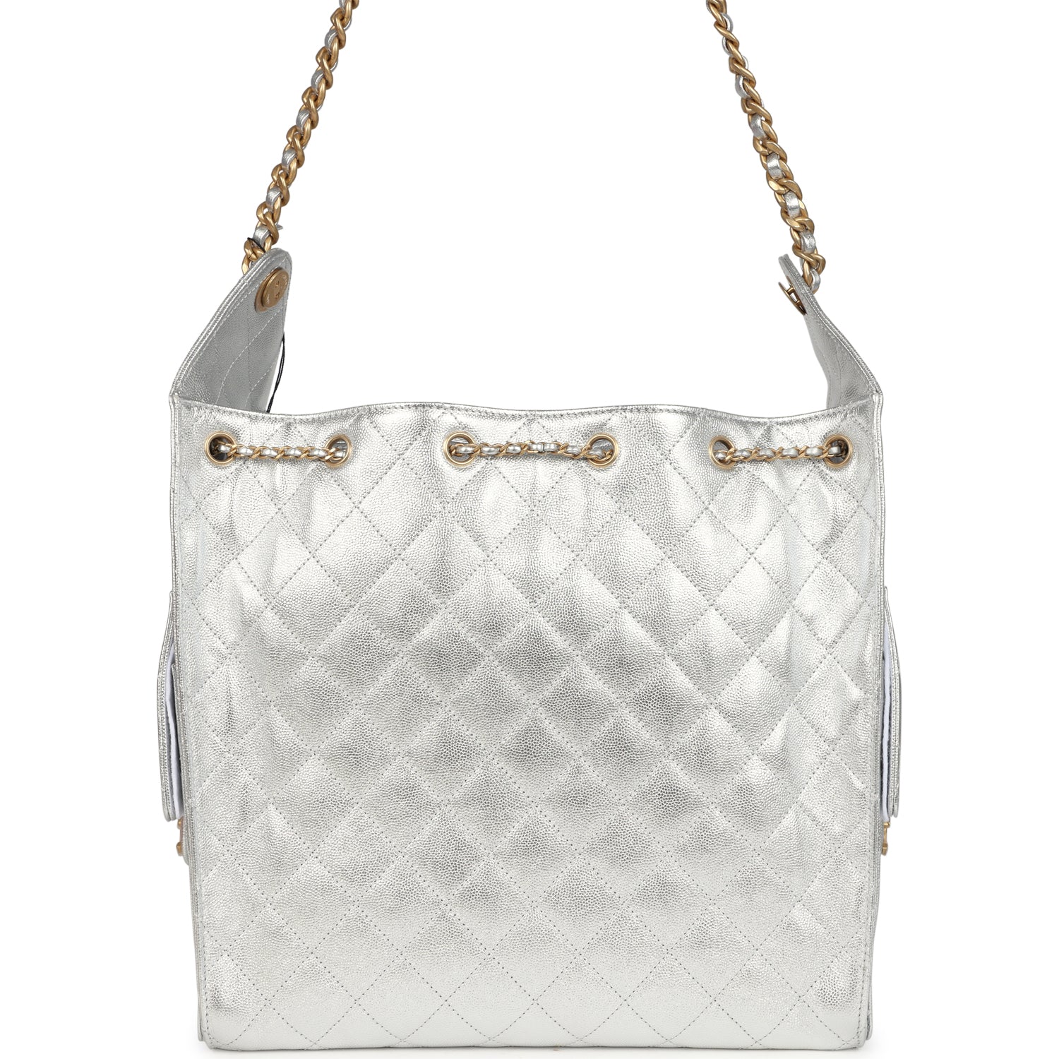 Chanel Medium 25 Hobo Bag Metallic Silver Caviar Antique Gold Hardware