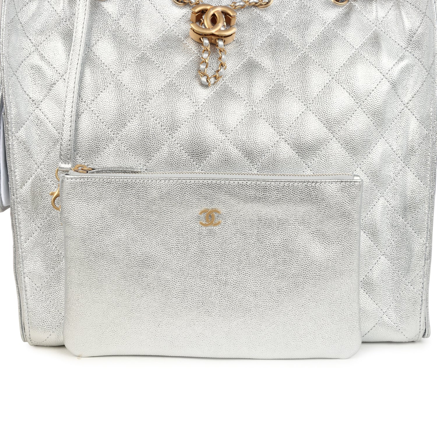 Chanel Medium 25 Hobo Bag Metallic Silver Caviar Antique Gold Hardware