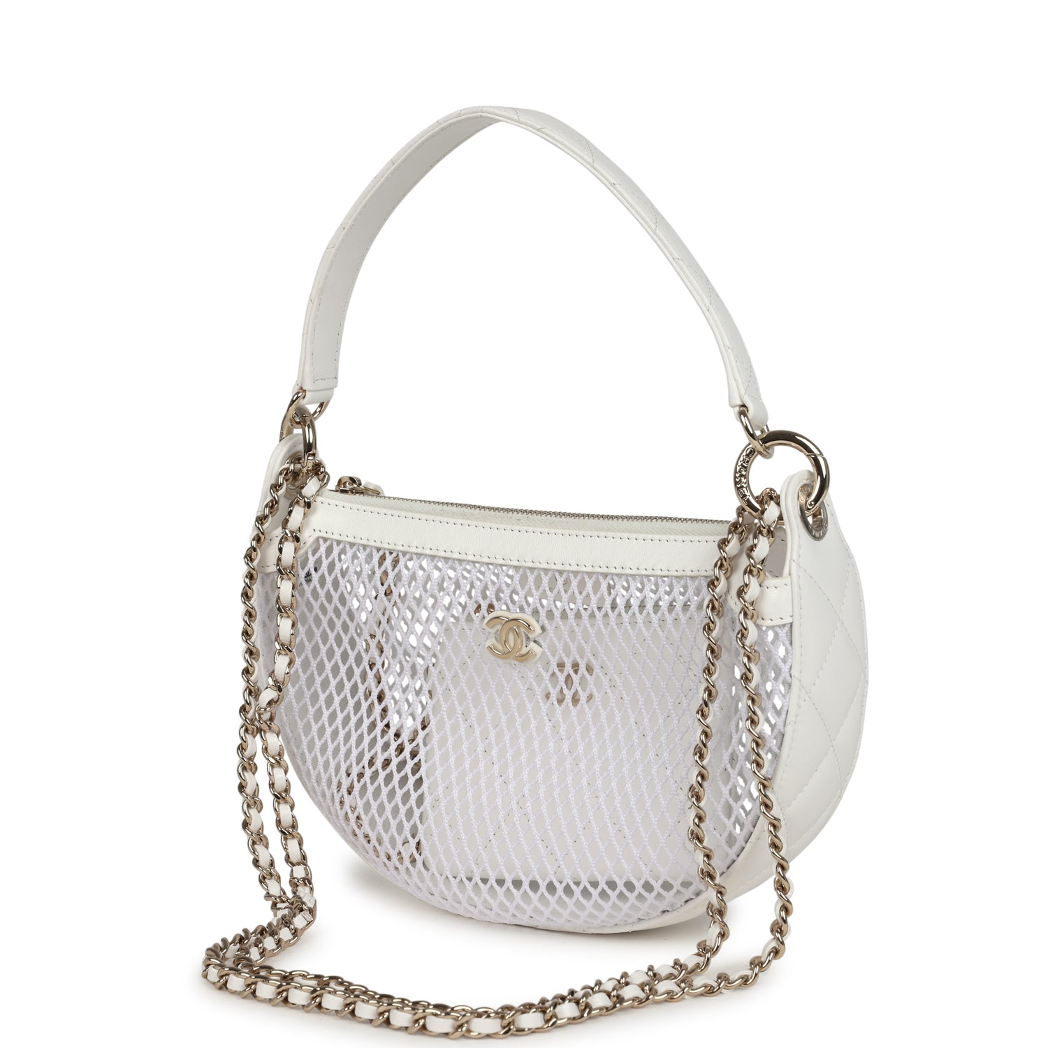 Chanel Round Clutch with Chain White Mesh Light Gold Hardware