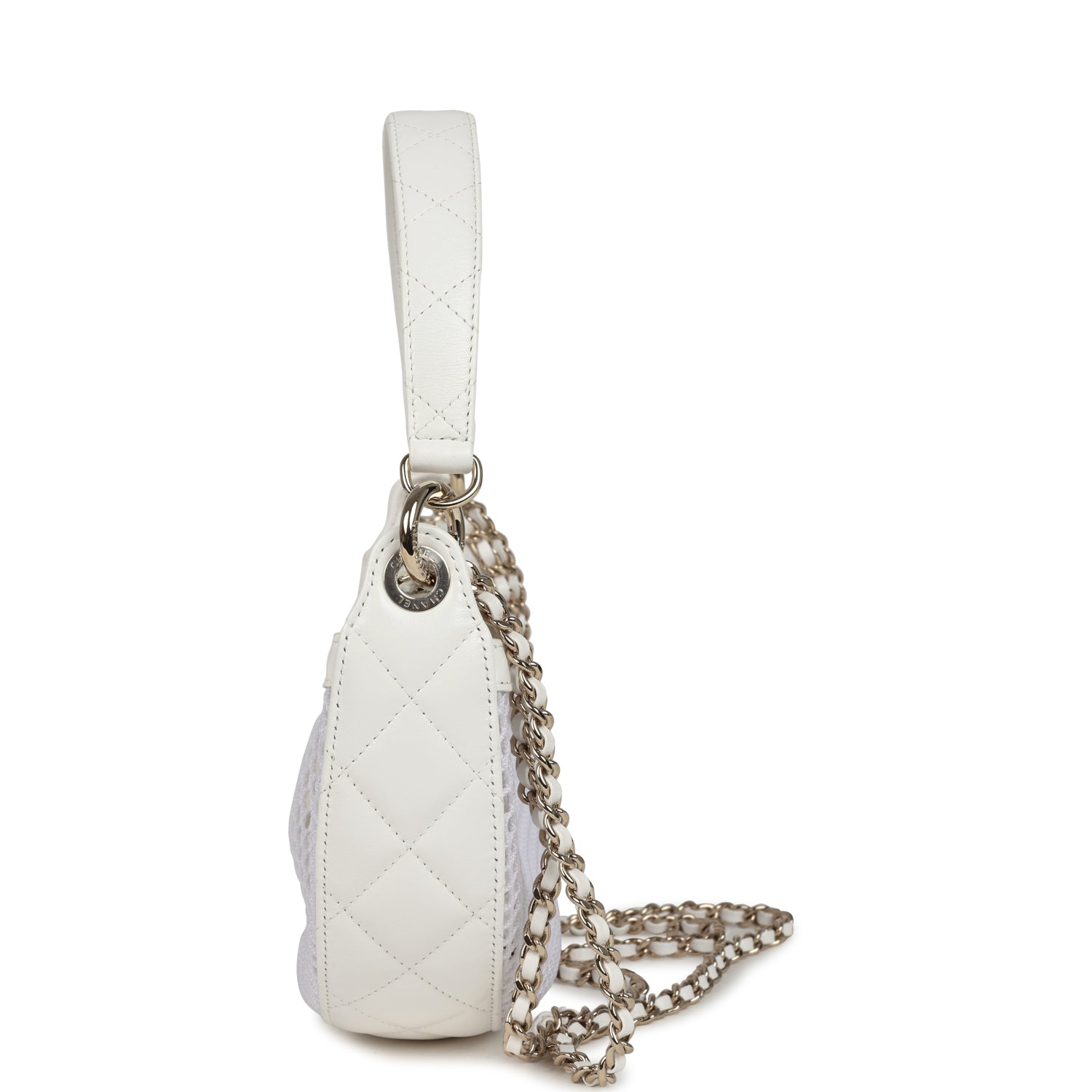 Chanel Round Clutch with Chain White Mesh Light Gold Hardware