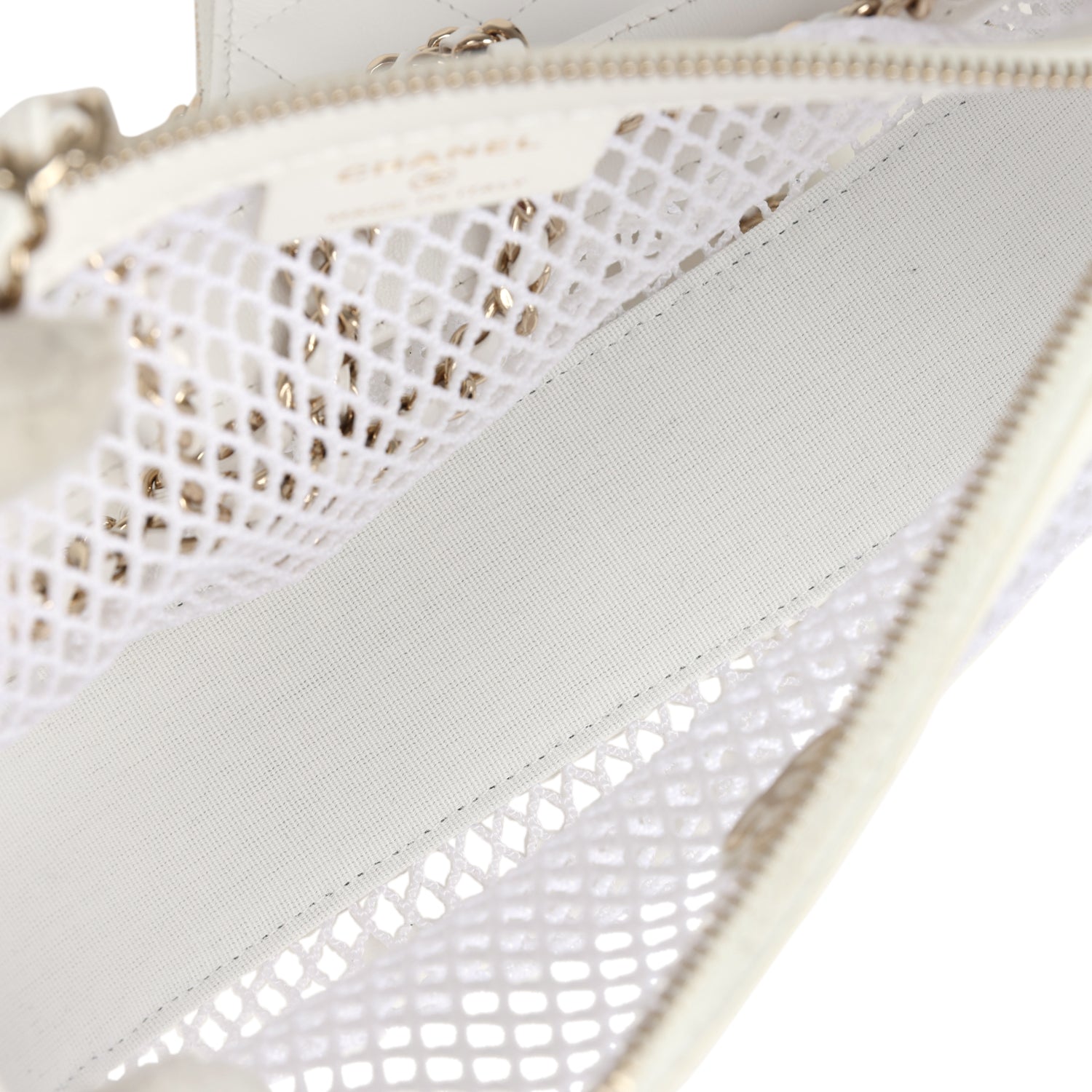 Chanel Round Clutch with Chain White Mesh Light Gold Hardware