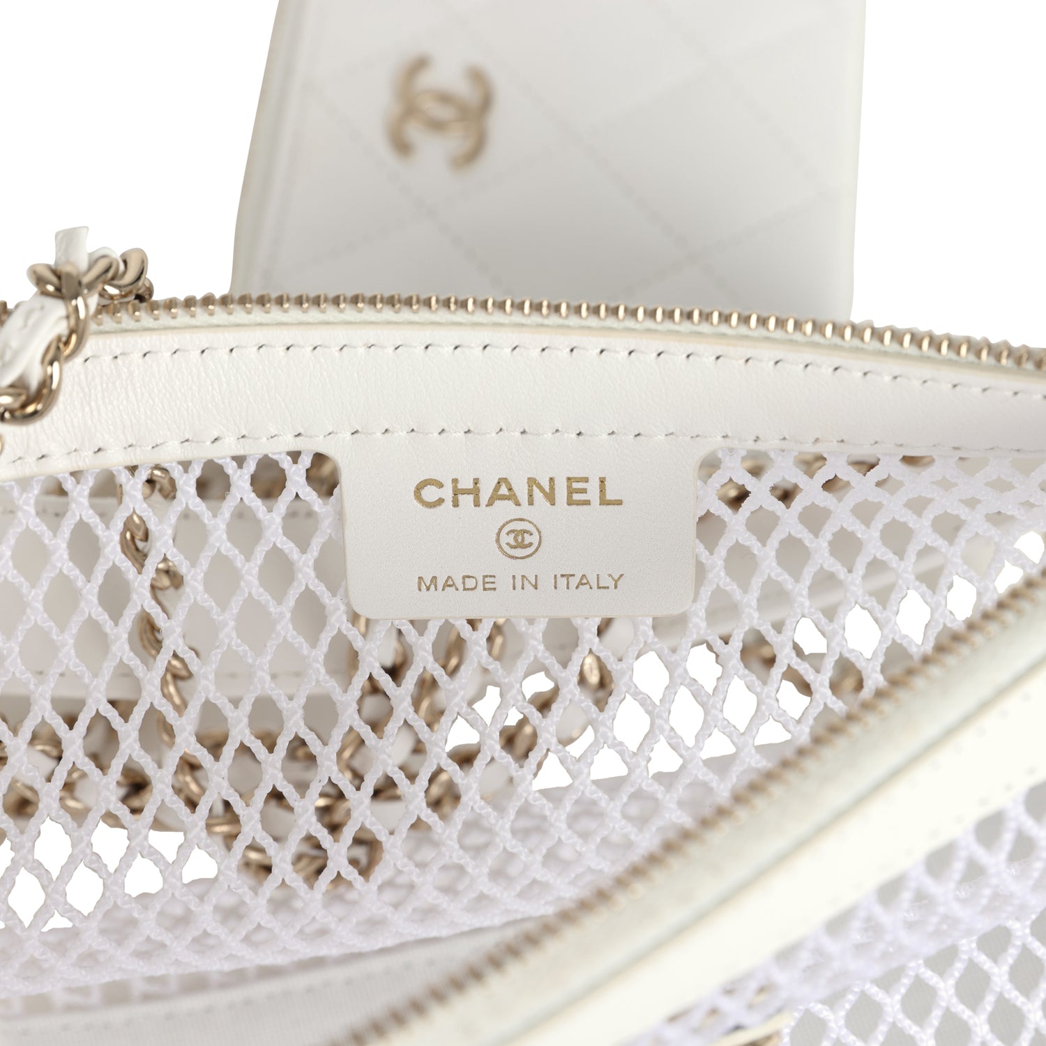 Chanel Round Clutch with Chain White Mesh Light Gold Hardware