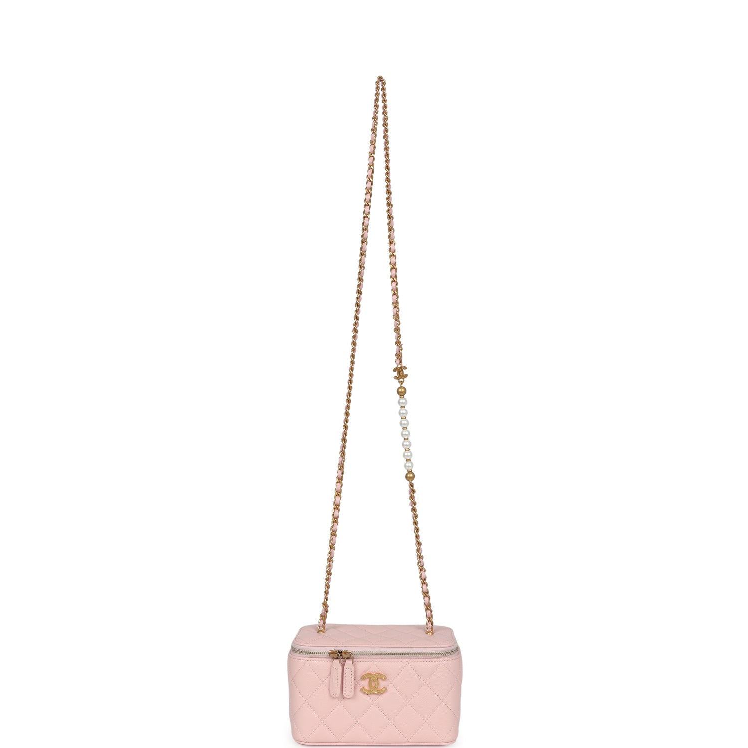 Chanel Small CC Vanity Case Light Pink Caviar Faux Pearls Brushed Gold Hardware