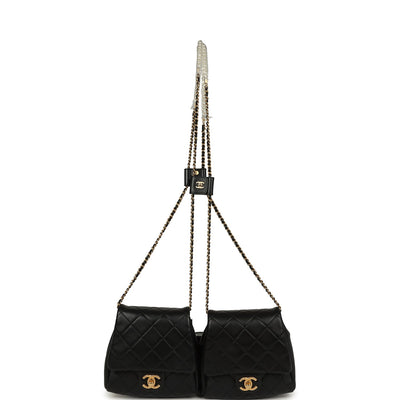 Pre-owned Chanel Twins Side Pack Black Lambskin Faux Pearls & Brushed Gold Hardware