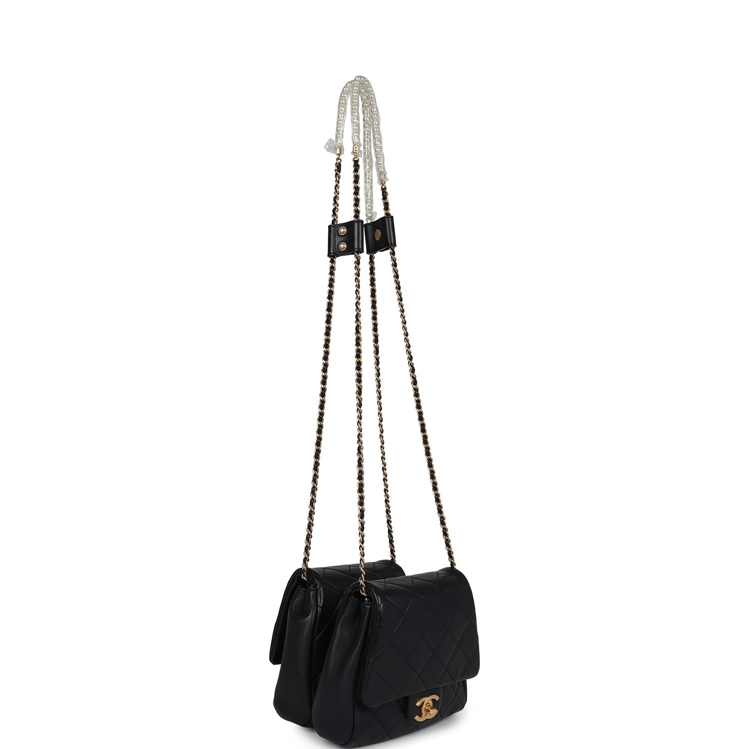 Pre-owned Chanel Twins Side Pack Black Lambskin Faux Pearls & Brushed Gold Hardware