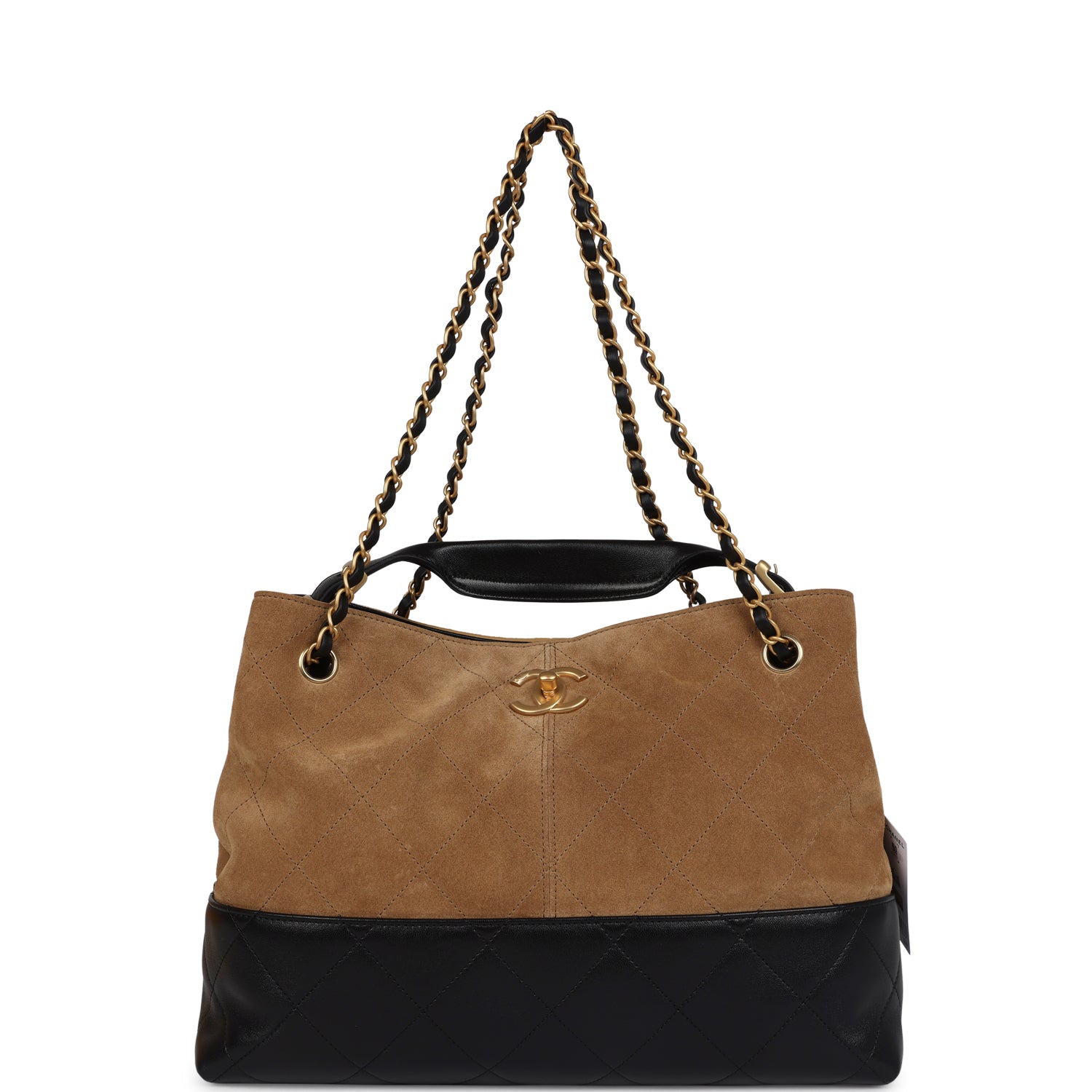 Chanel Small Coco Hobo Bag Brown Suede and Black Shiny Lambskin Brushed Gold Hardware