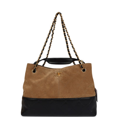 Chanel Small Coco Hobo Bag Brown Suede and Black Shiny Lambskin Brushed Gold Hardware