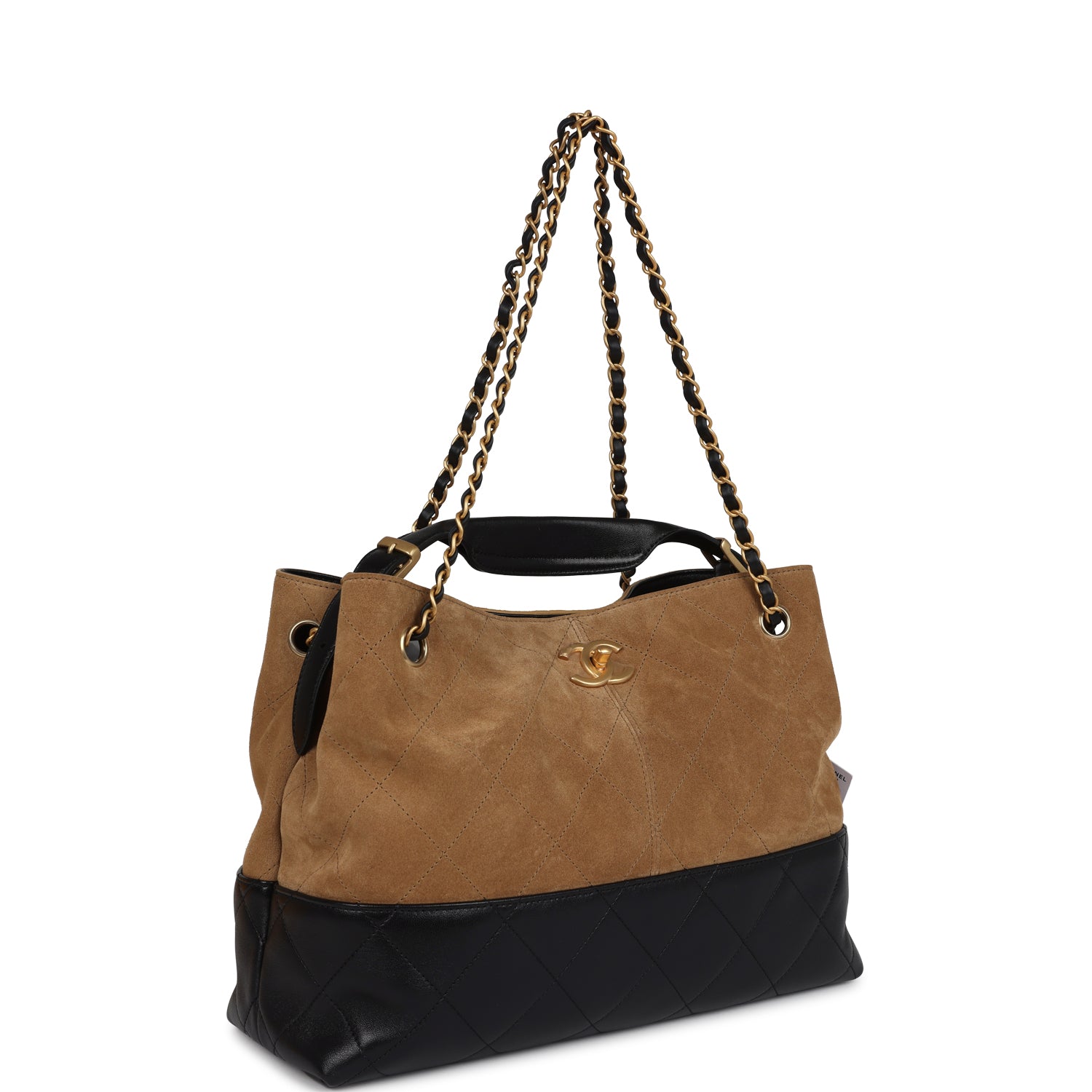 Chanel Small Coco Hobo Bag Brown Suede and Black Shiny Lambskin Brushed Gold Hardware