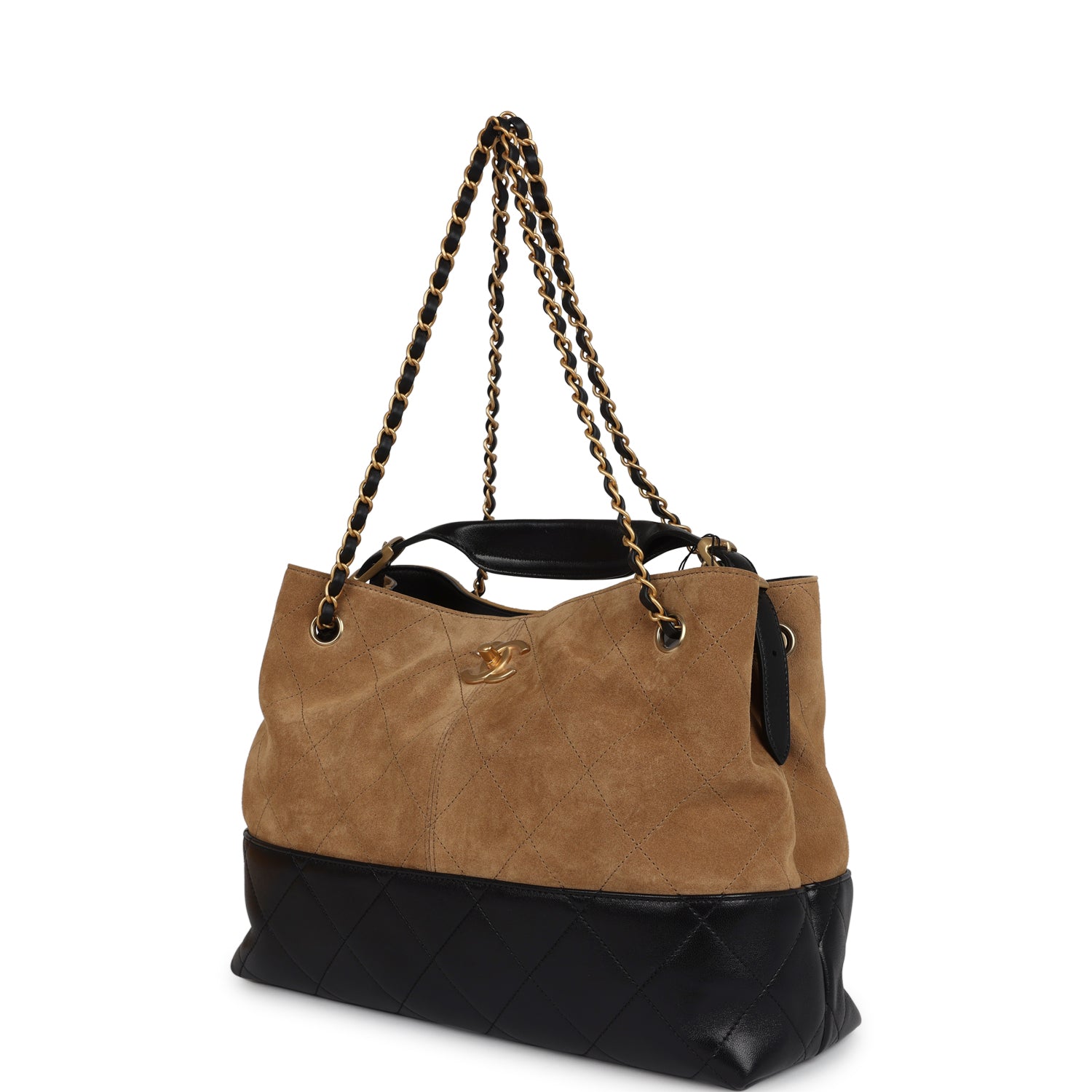 Chanel Small Coco Hobo Bag Brown Suede and Black Shiny Lambskin Brushed Gold Hardware
