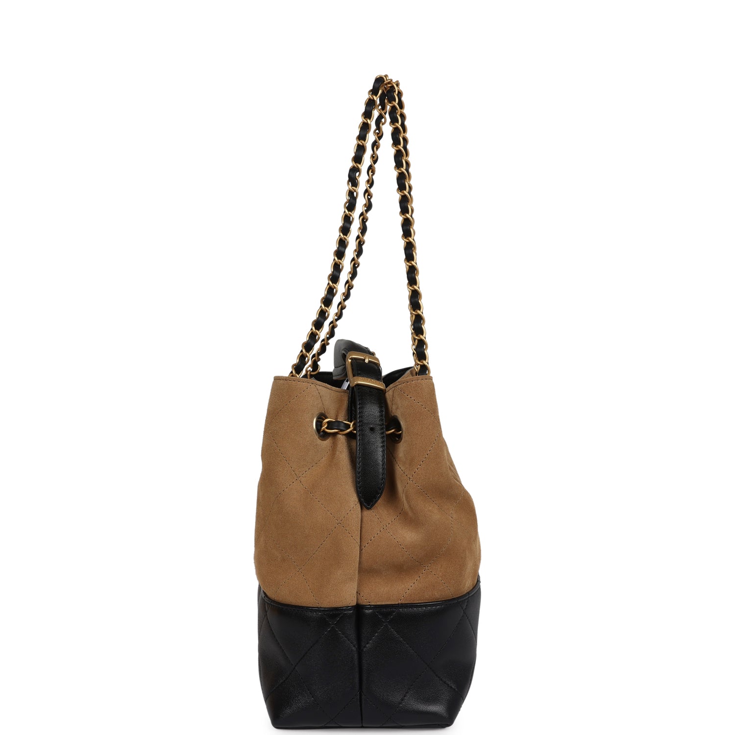 Chanel Small Coco Hobo Bag Brown Suede and Black Shiny Lambskin Brushed Gold Hardware