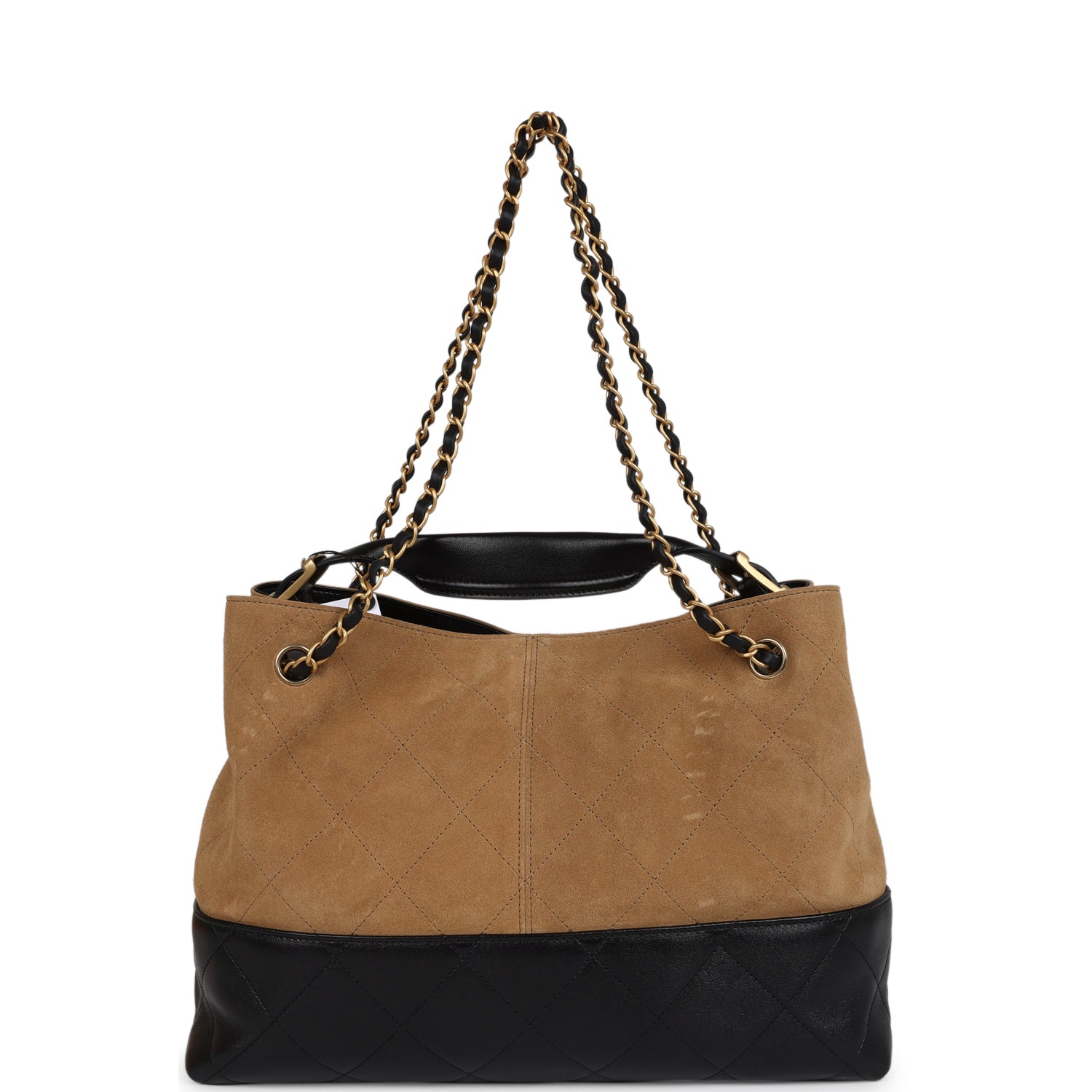 Chanel Small Coco Hobo Bag Brown Suede and Black Shiny Lambskin Brushed Gold Hardware