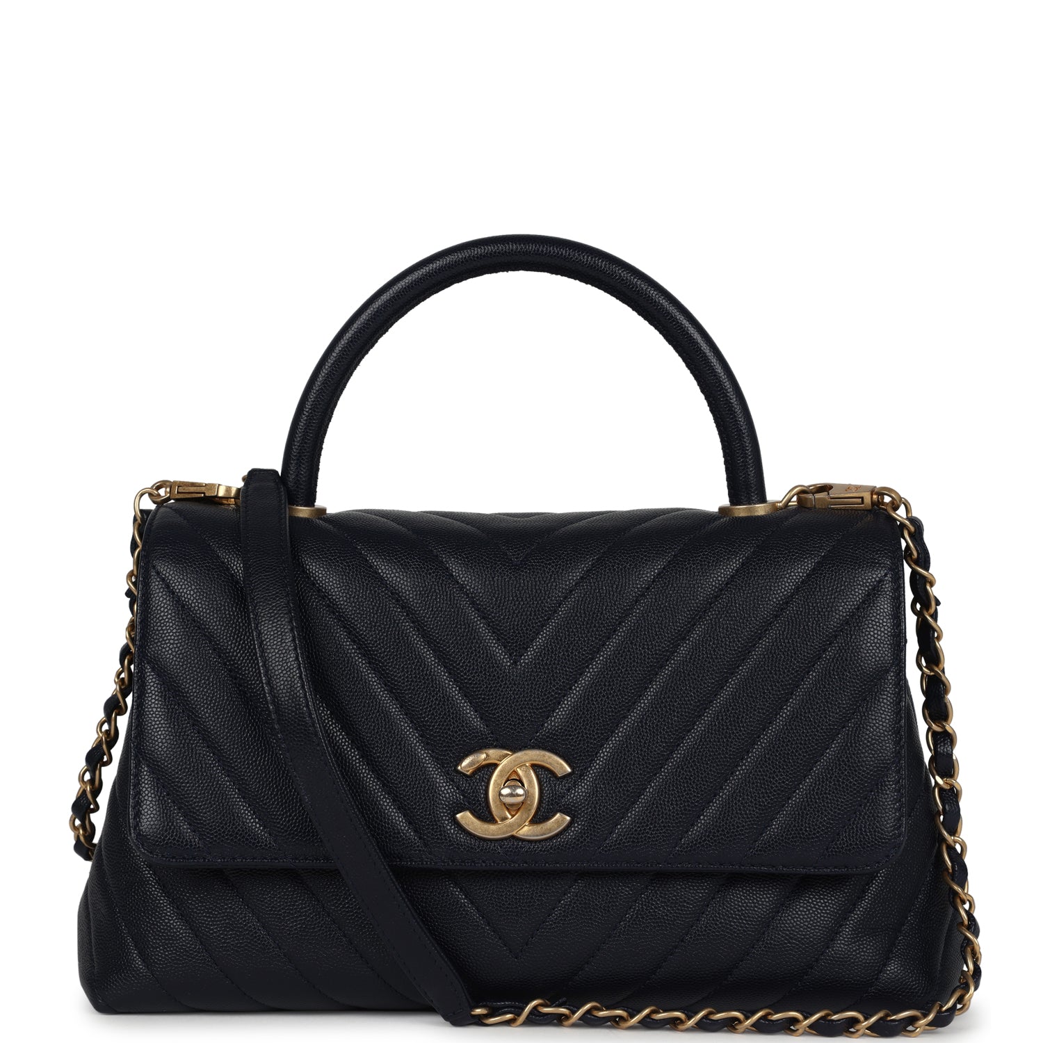 Pre-owned Chanel Medium Coco Top Handle Navy Blue Chevron Caviar Antique Gold Hardware