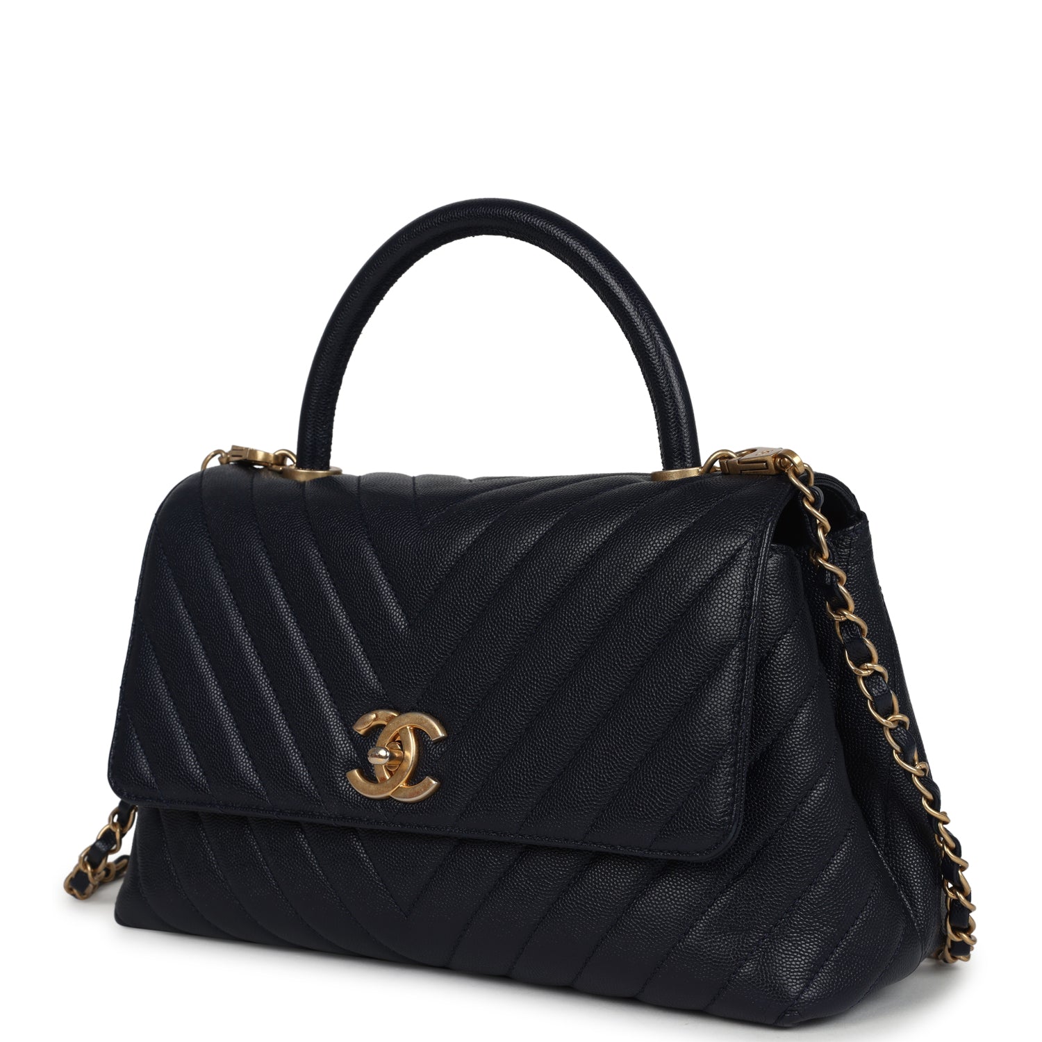 Pre-owned Chanel Medium Coco Top Handle Navy Blue Chevron Caviar Antique Gold Hardware