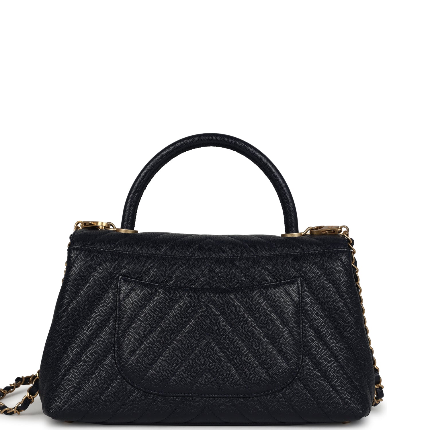 Pre-owned Chanel Medium Coco Top Handle Navy Blue Chevron Caviar Antique Gold Hardware