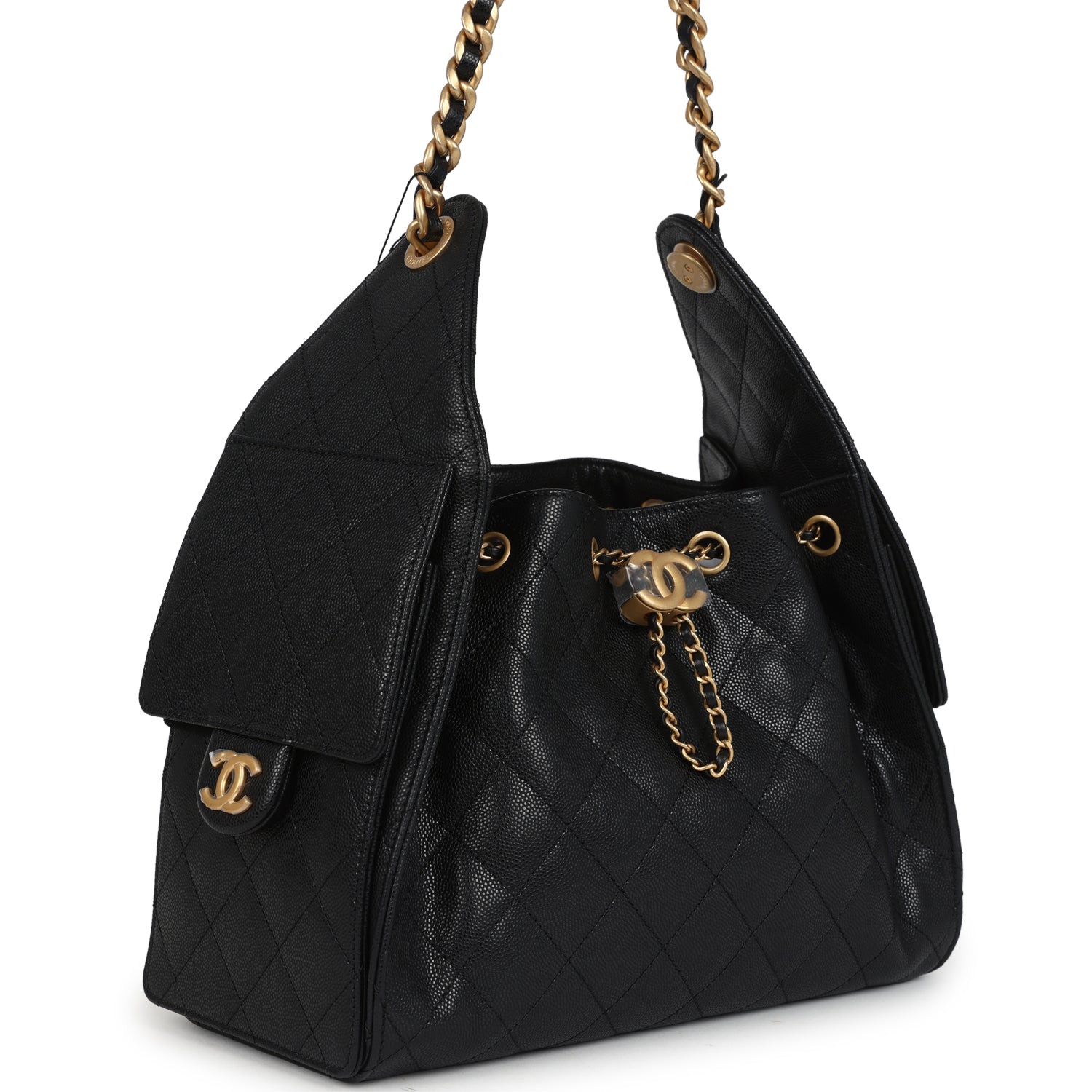 Chanel Small 25 Hobo Bag Black Caviar Antique Gold Hardware