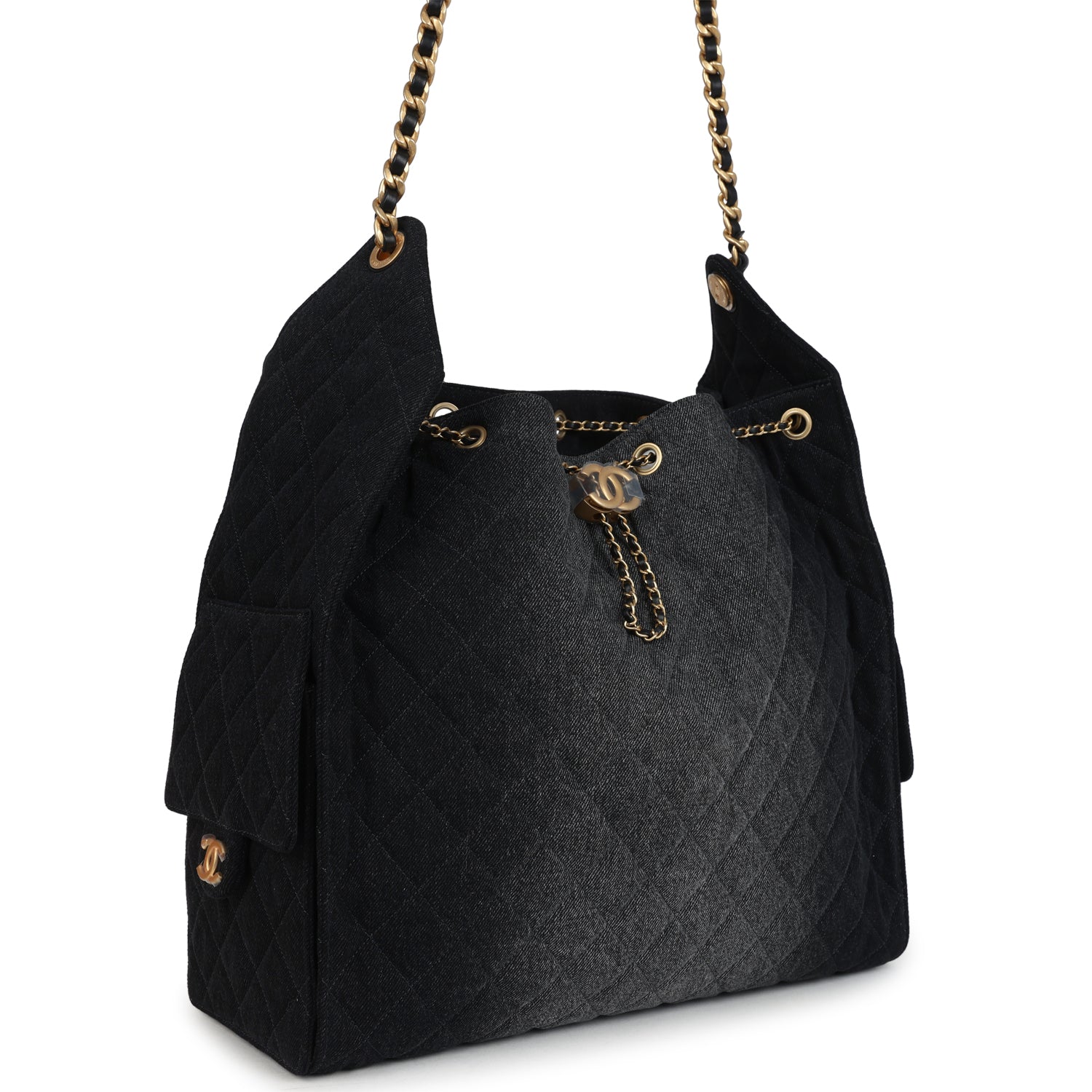 Chanel Large 25 Hobo Bag Black Washed Denim Antique Gold Hardware