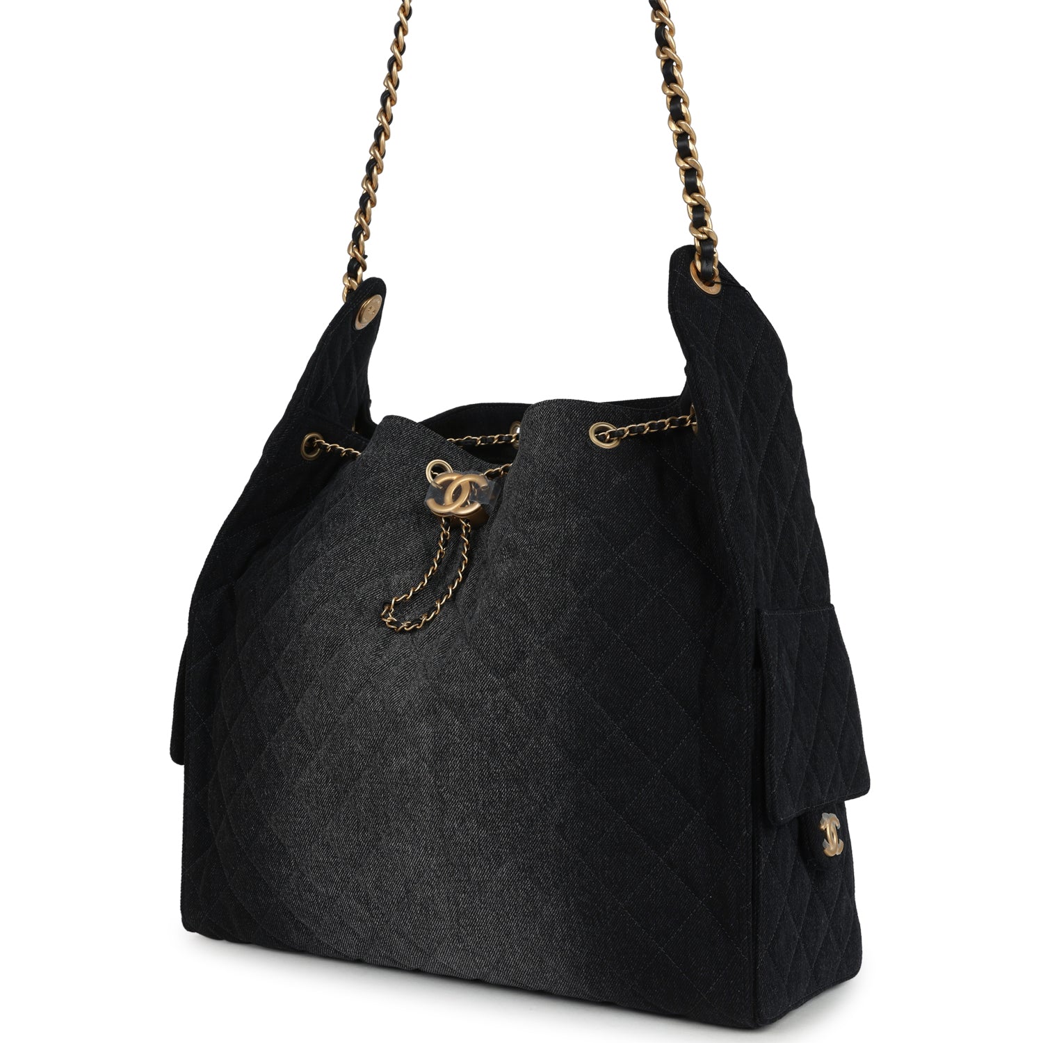 Chanel Large 25 Hobo Bag Black Washed Denim Antique Gold Hardware