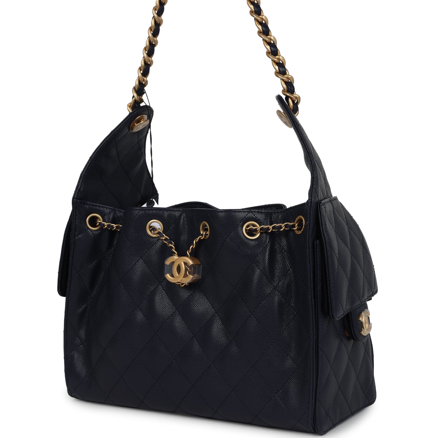 Chanel Small 25 Hobo Bag Dark Navy Caviar Antique Gold Hardware