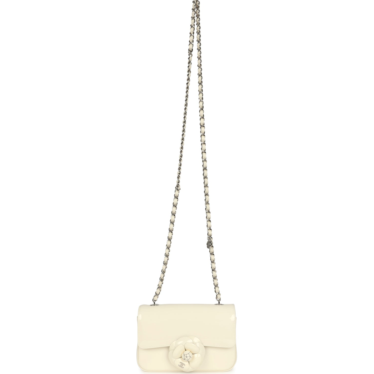 Chanel Mini Camellia Flap Bag Off White Patent Silver Hardware