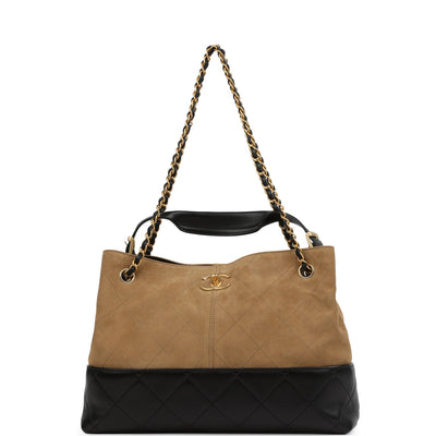 Chanel Small Coco Hobo Bag Brown Suede and Black Shiny Lambskin Brushed Gold Hardware