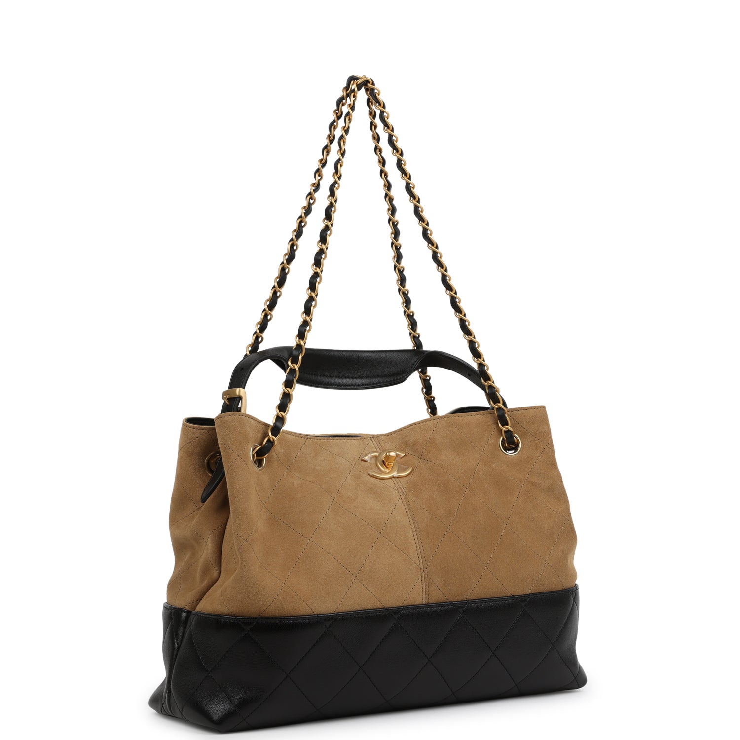 Chanel Small Coco Hobo Bag Brown Suede and Black Shiny Lambskin Brushed Gold Hardware