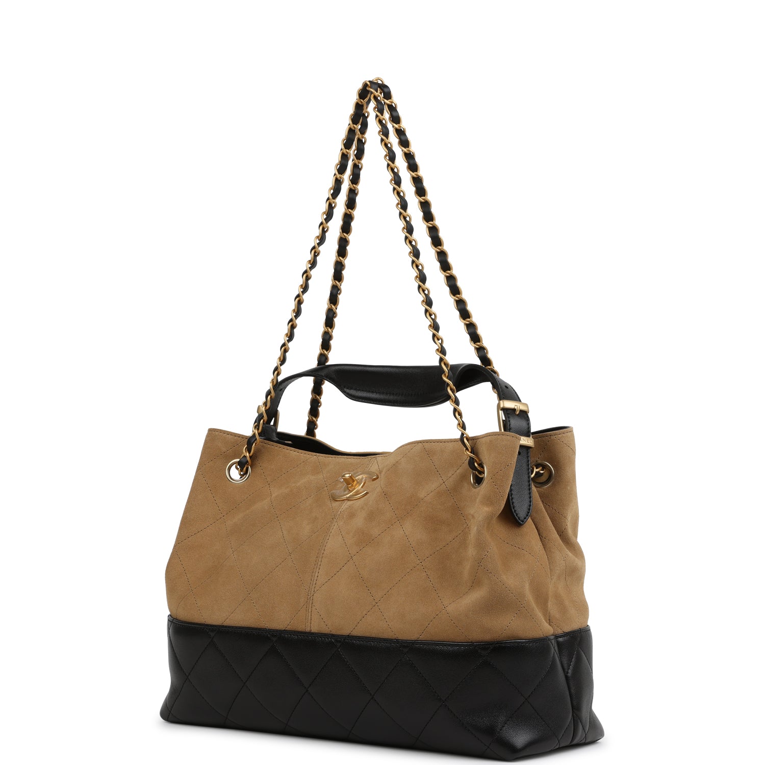 Chanel Small Coco Hobo Bag Brown Suede and Black Shiny Lambskin Brushed Gold Hardware