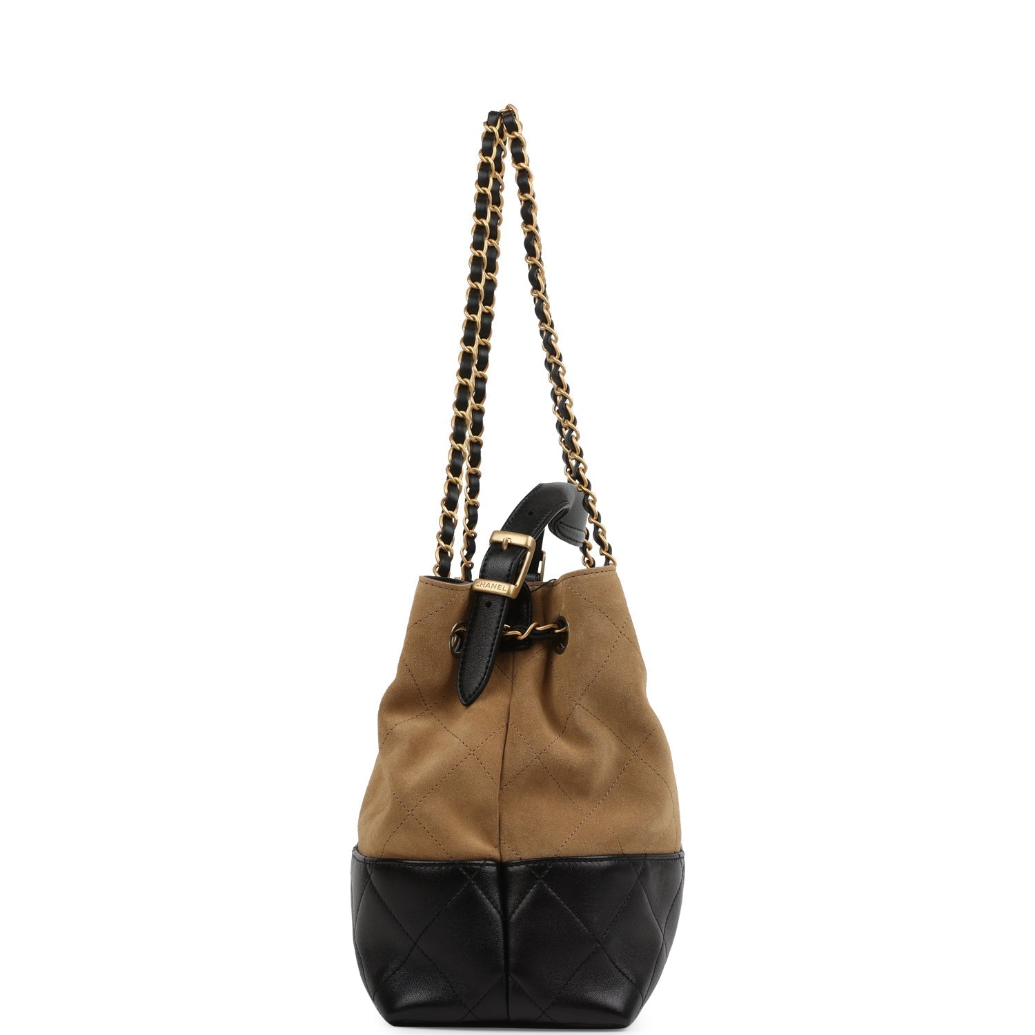 Chanel Small Coco Hobo Bag Brown Suede and Black Shiny Lambskin Brushed Gold Hardware