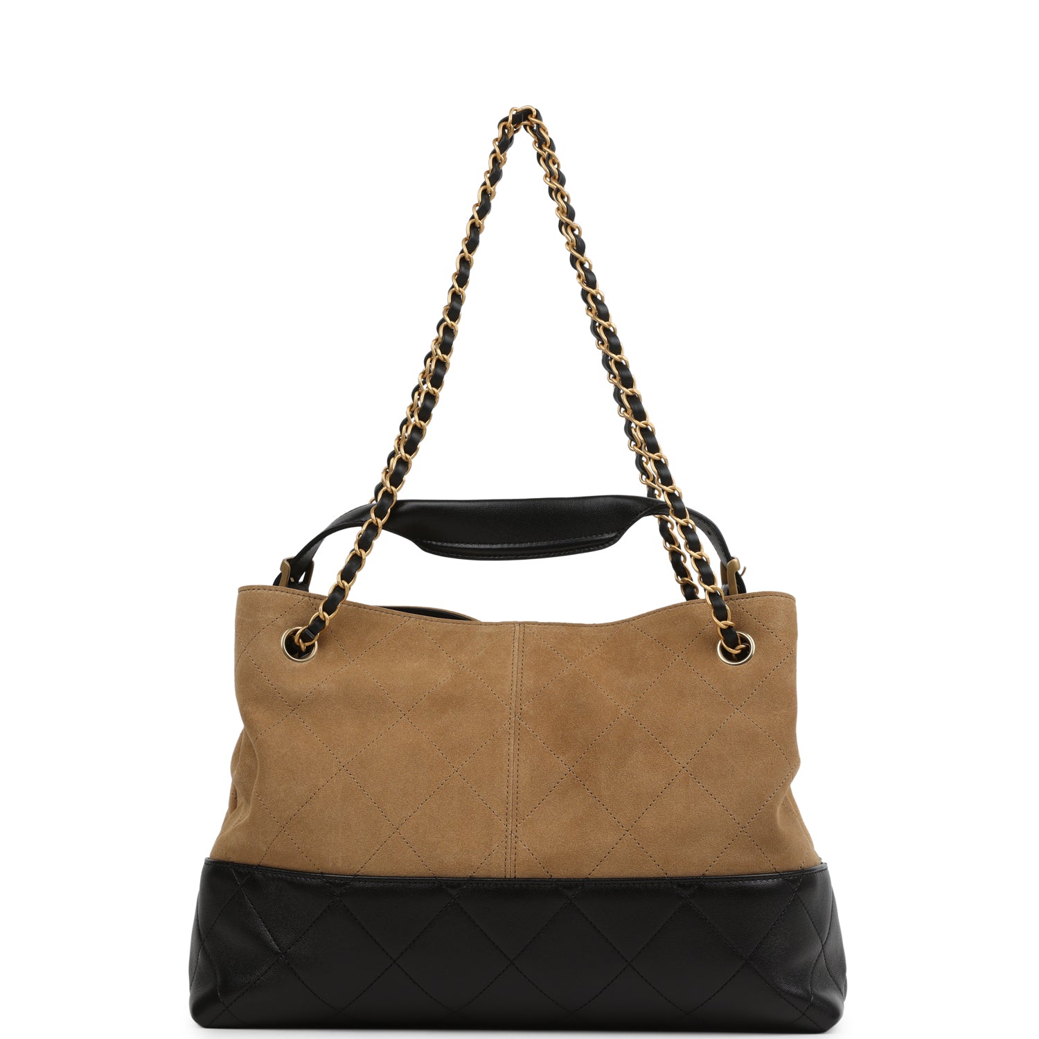 Chanel Small Coco Hobo Bag Brown Suede and Black Shiny Lambskin Brushed Gold Hardware