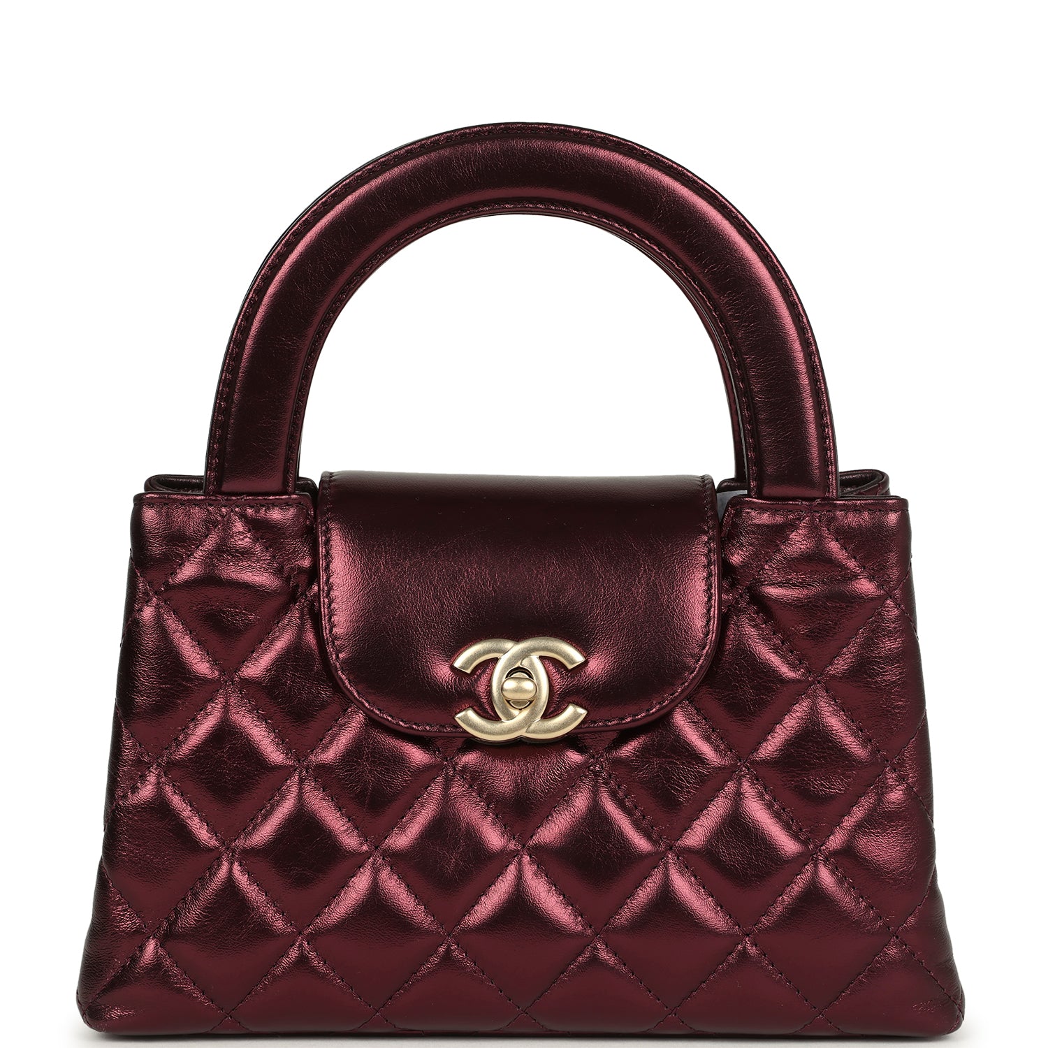 Chanel Small Kelly Shopper Metallic Burgundy Calfskin Brushed Gold Hardware