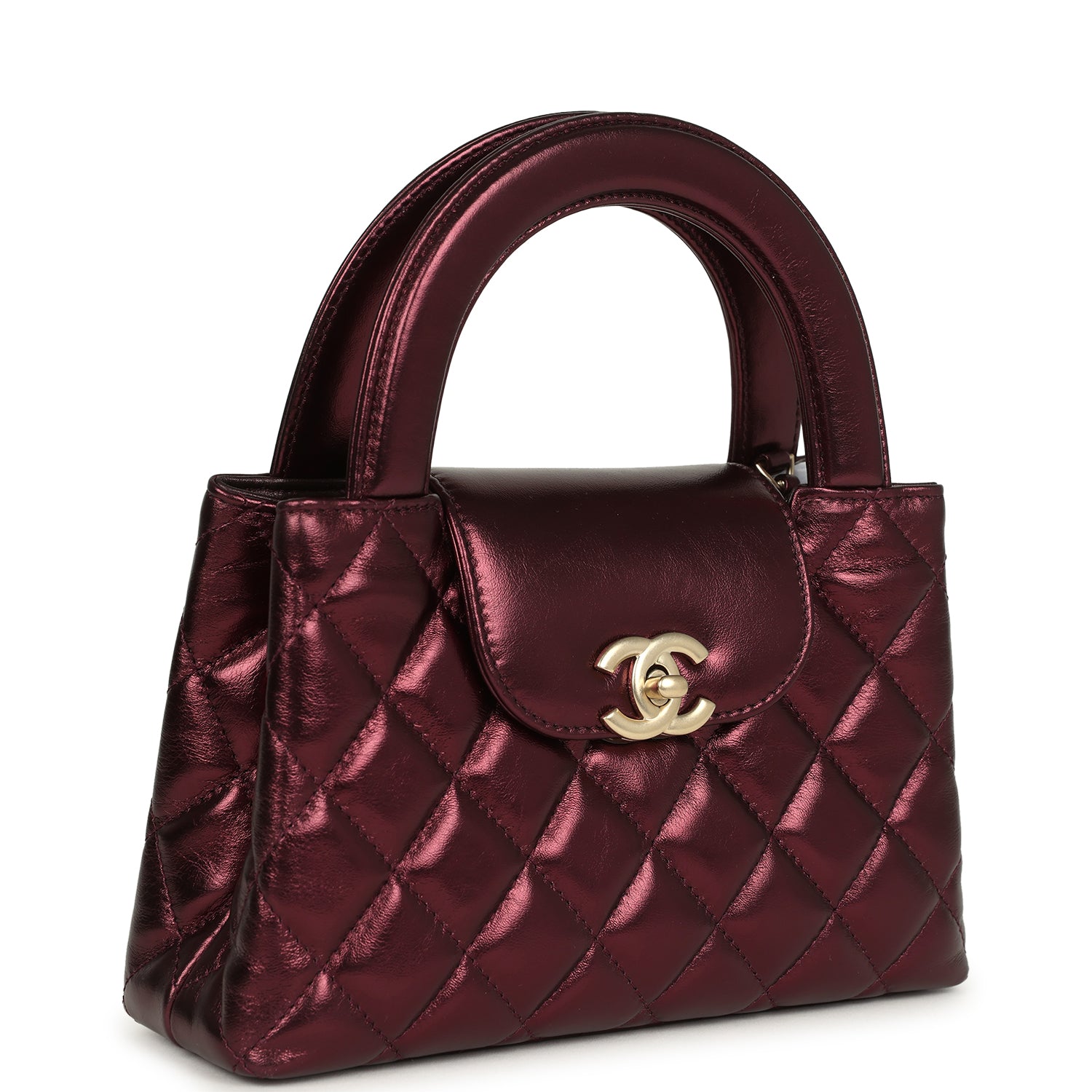 Chanel Small Kelly Shopper Metallic Burgundy Calfskin Brushed Gold Hardware