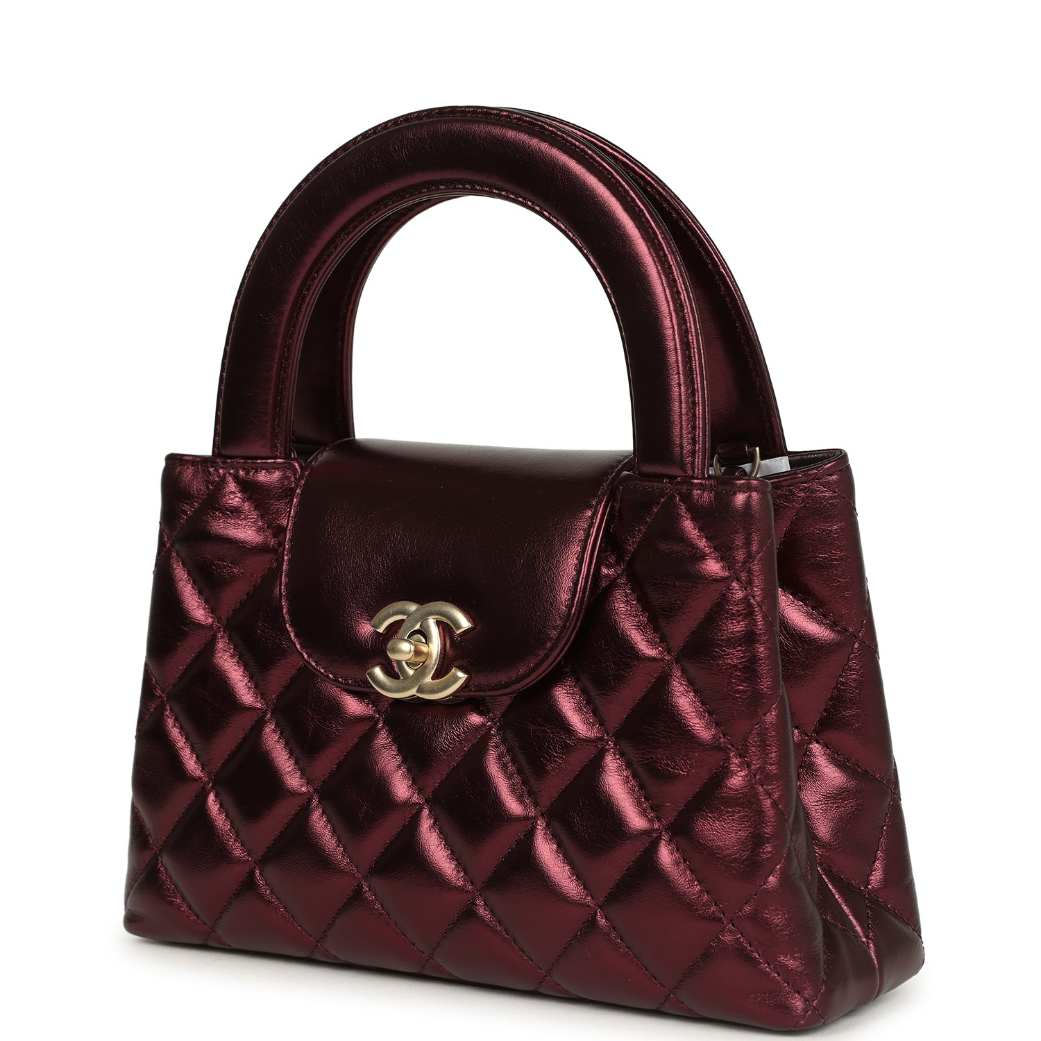 Chanel Small Kelly Shopper Metallic Burgundy Calfskin Brushed Gold Hardware