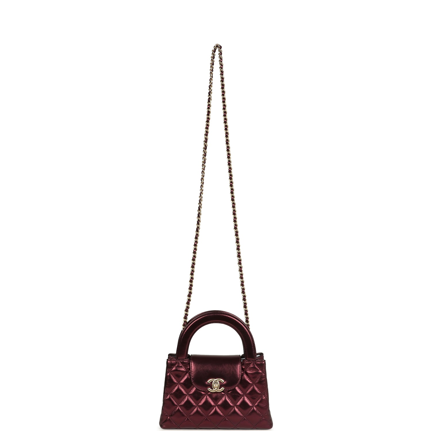 Chanel Small Kelly Shopper Metallic Burgundy Calfskin Brushed Gold Hardware