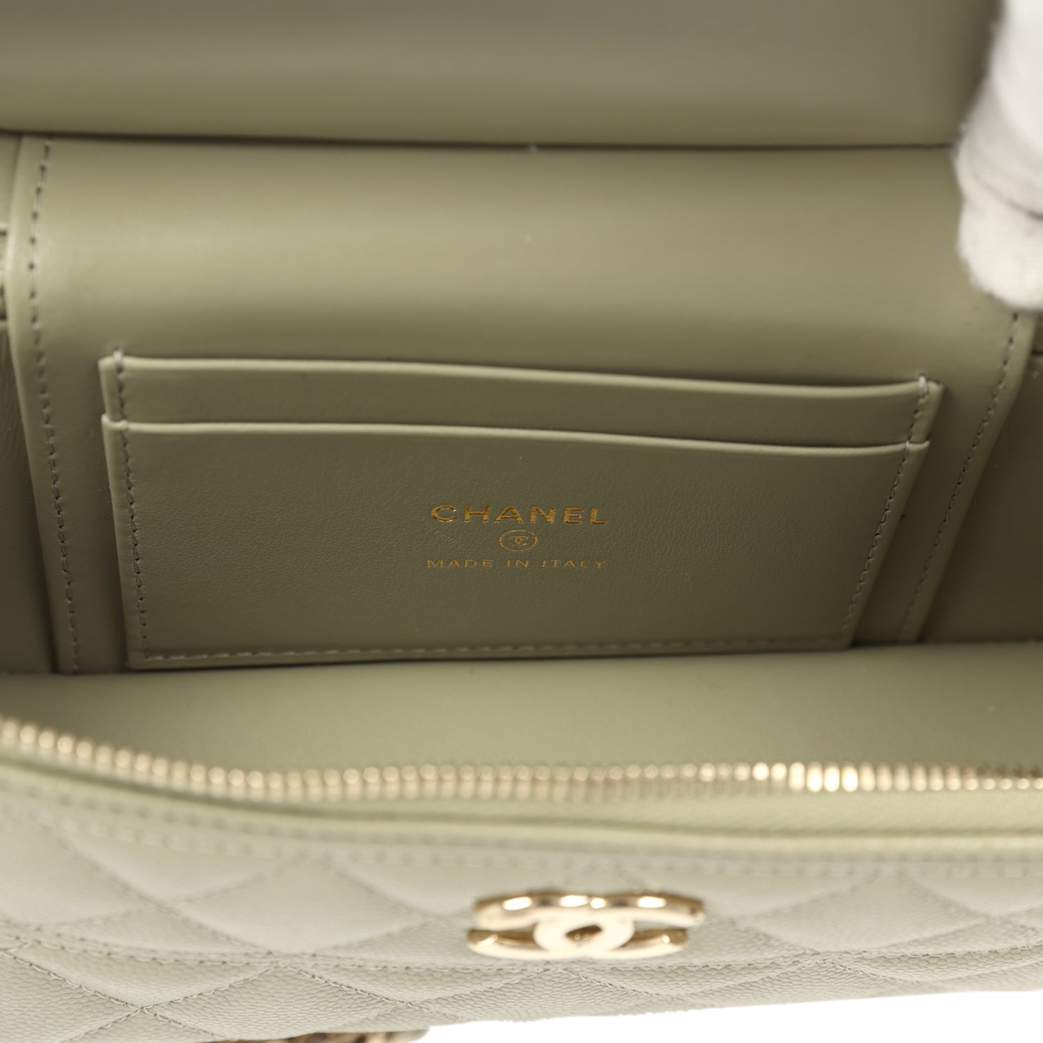Chanel Trendy Top Handle Long Vanity Case with Chain Khaki Caviar Light Gold Hardware