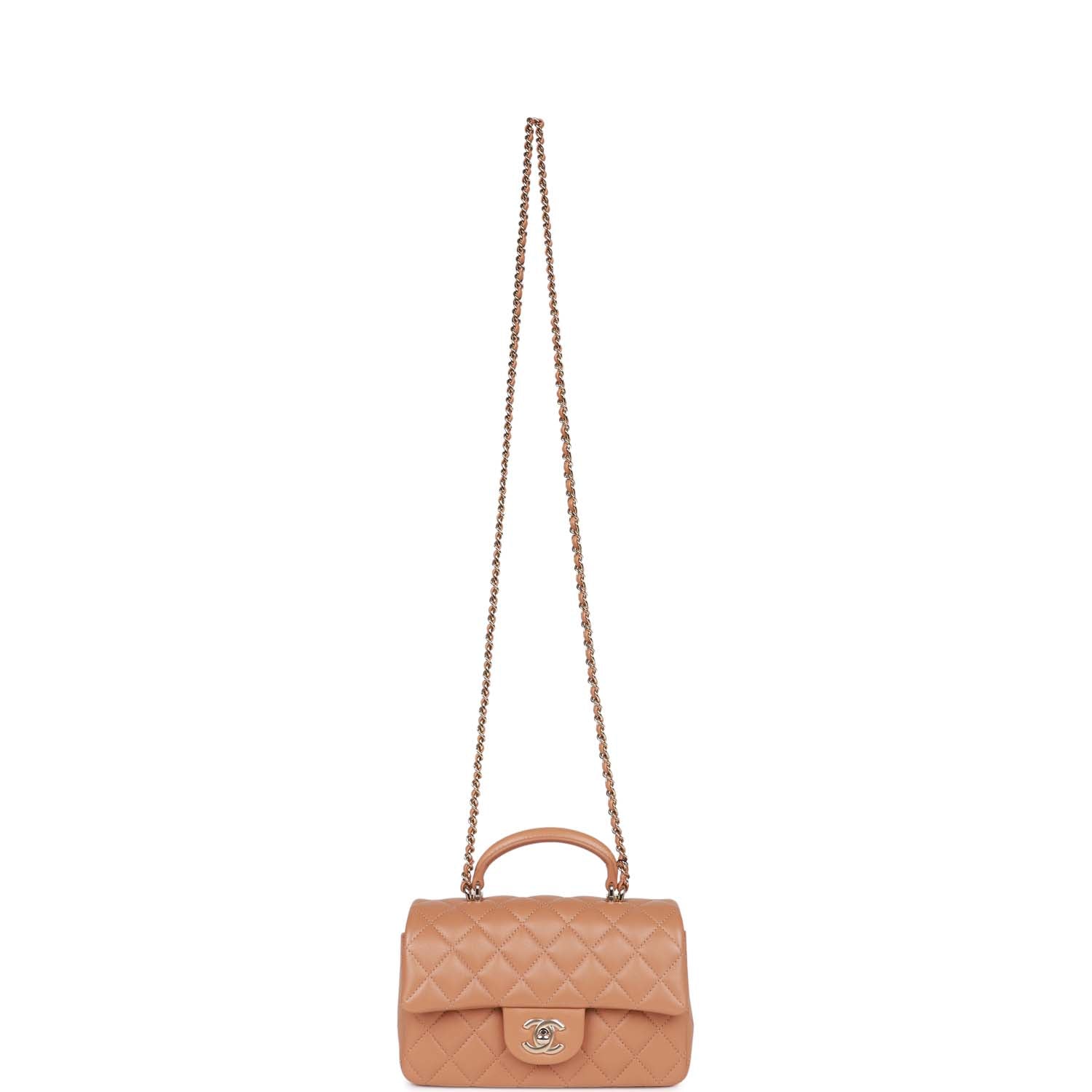 Chanel Mini Rectangular Flap with Top Handle Caramel Lambskin Light Gold Hardware