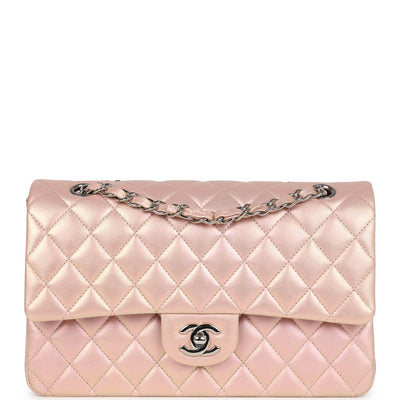 Chanel Medium Classic Double Flap Bag Pink Iridescent Lambskin Silver Hardware