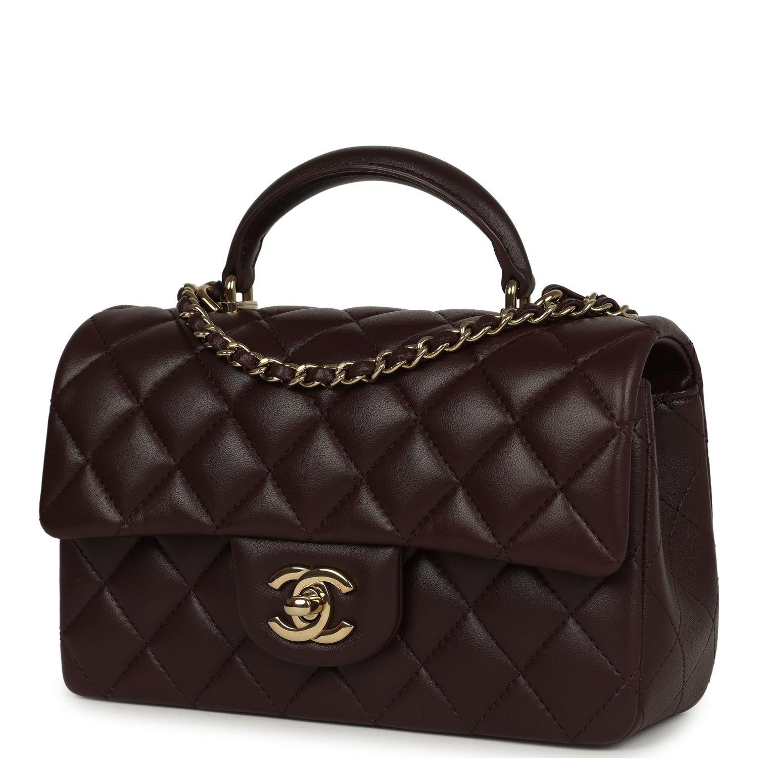 Chanel Mini Rectangular Flap Bag with Top Handle Dark Brown Lambskin Light Gold Hardware