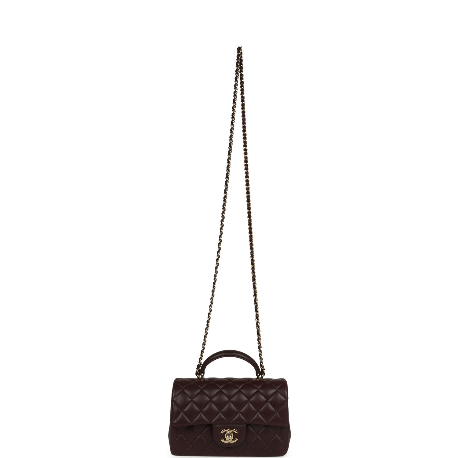Chanel Mini Rectangular Flap Bag with Top Handle Dark Brown Lambskin Light Gold Hardware